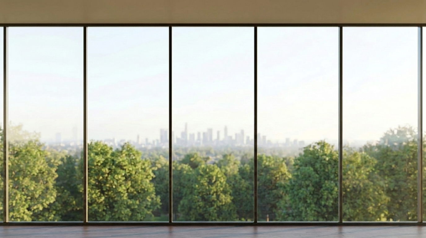 An empty high-rise room with a flat floor-to-ceiling glass wall in slim dark mullions, tightly cropped so the glass fills the frame, green treetops and a hazy distant city skyline, minimal dark floor.
