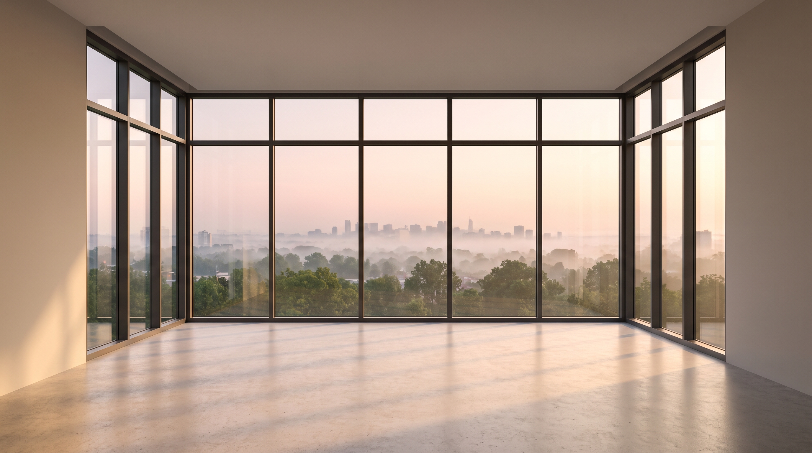 An empty minimal high-rise corner room with glass wrapping around the corner, looking over misty green treetops to a distant city skyline at soft dawn, polished concrete floor and warm light across the room.