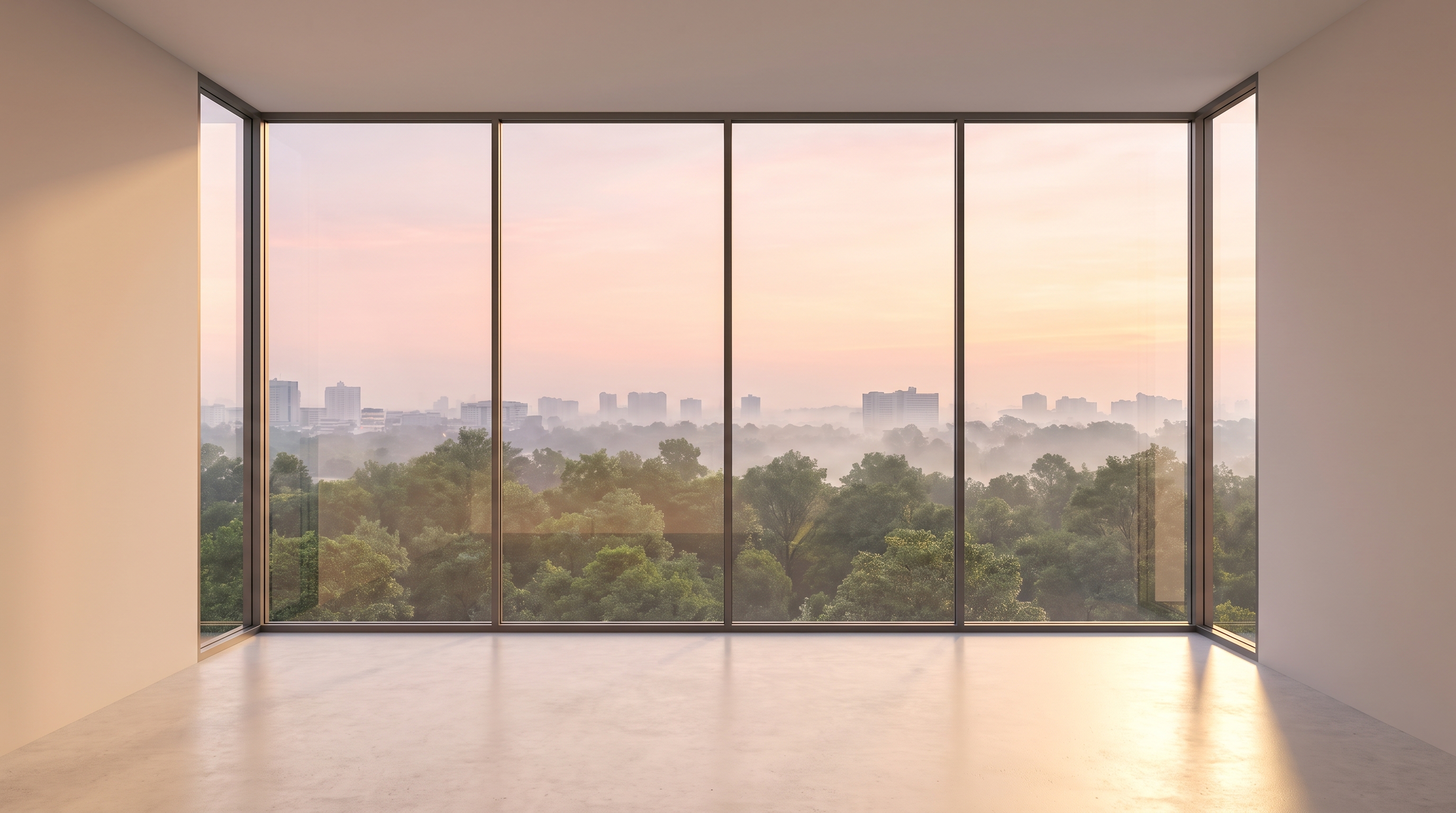 An empty minimal high-rise room with a flat floor-to-ceiling glass wall and solid plaster return walls on each side, looking over misty green treetops to a distant city skyline at soft pink dawn, polished concrete floor.