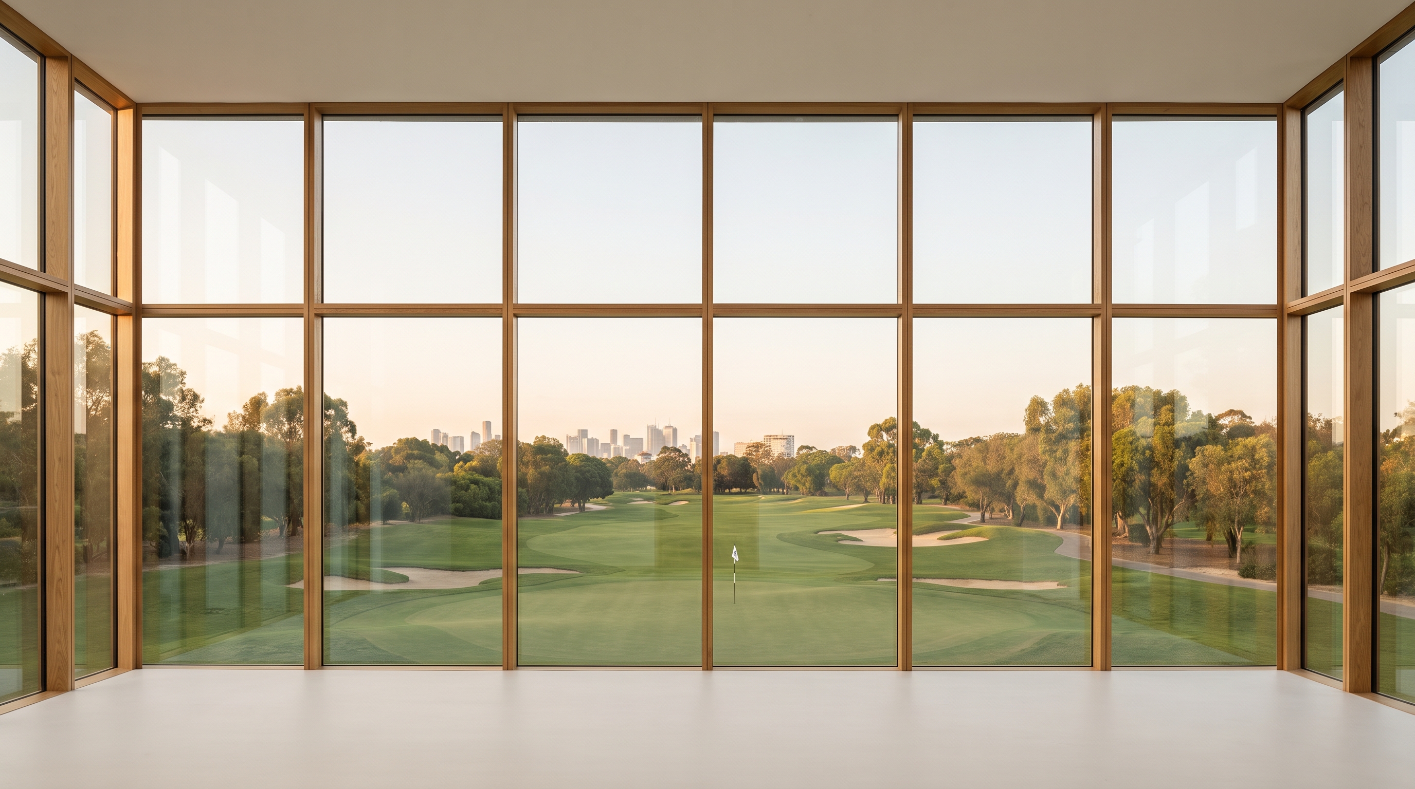 An empty minimal high-rise room with a flat floor-to-ceiling glass wall in wood mullions, overlooking a manicured green golf course and a distant city skyline at golden hour, pale matte floor.