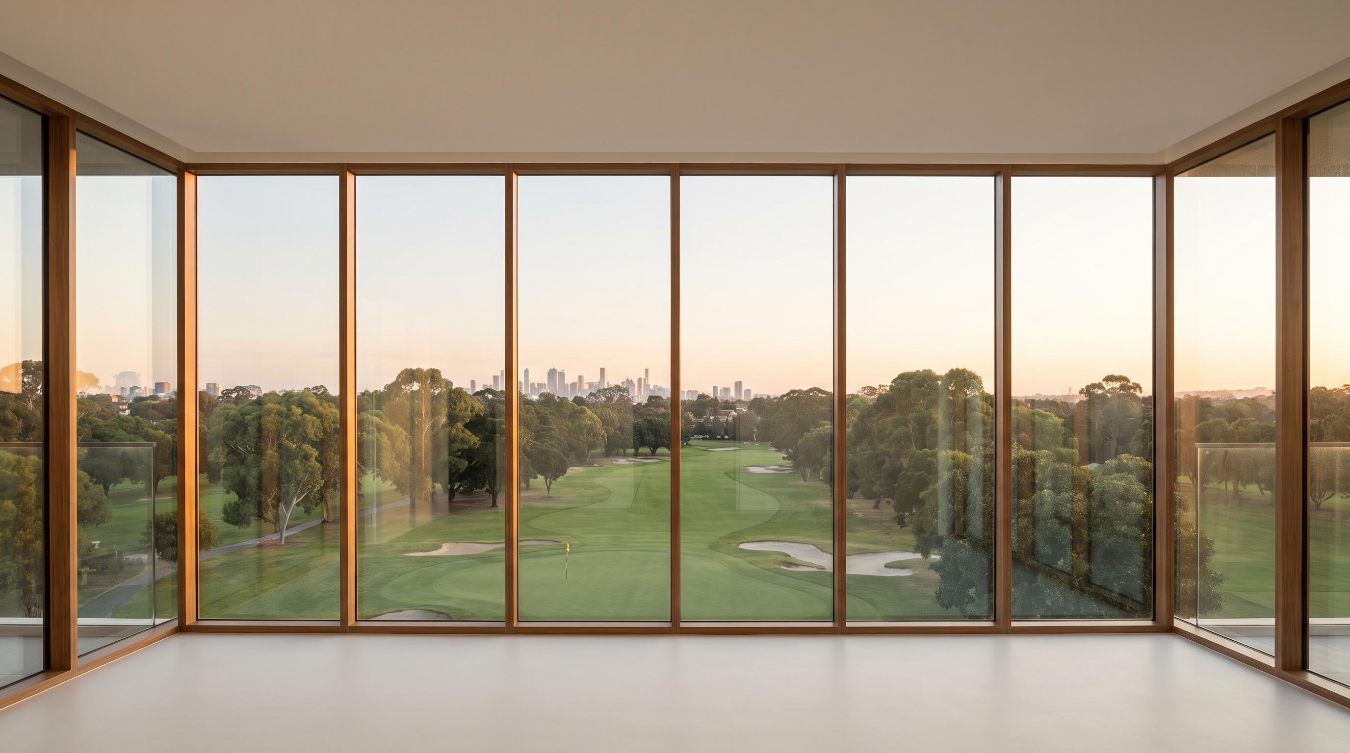 An empty minimal high-rise corner room with wood-framed glass wrapping the corner, overlooking a manicured green golf course and a distant city skyline at golden hour, pale matte floor.