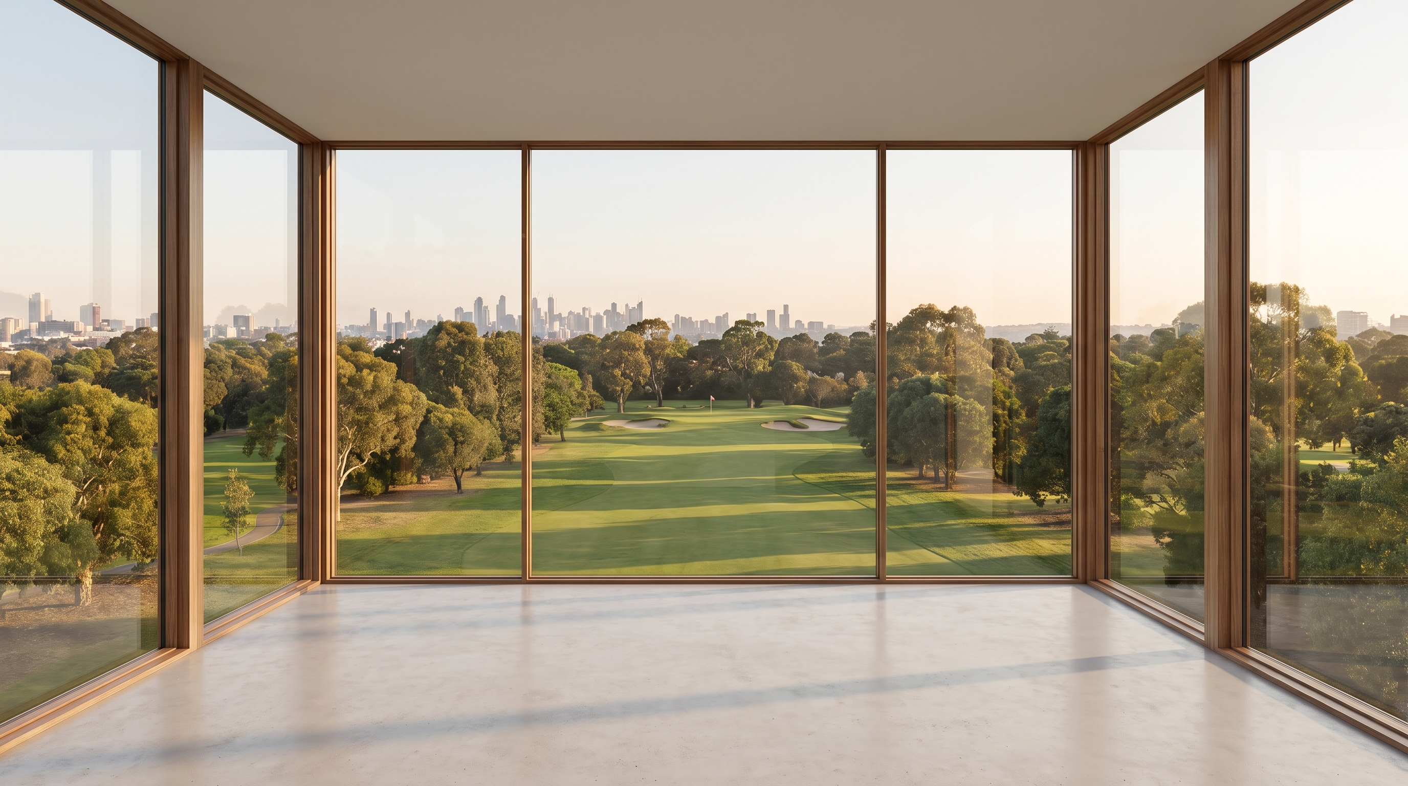 An empty minimal high-rise corner room fully enclosed in wood-framed floor-to-ceiling glass wrapping around both corners, overlooking a manicured green golf course fairway with a distant city skyline at golden hour, polished concrete floor.
