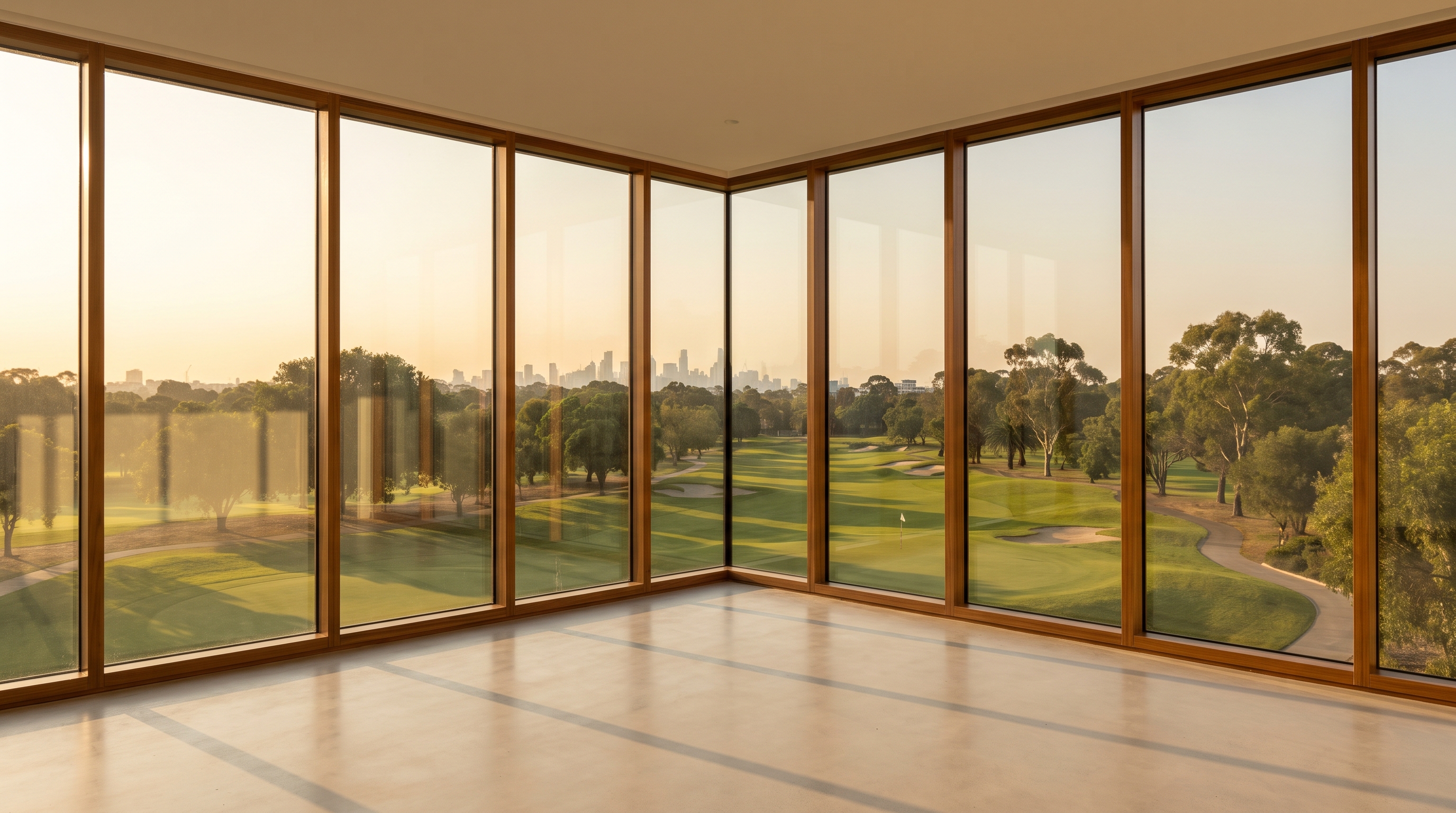 An empty minimal high-rise corner room fully enclosed in wood-framed floor-to-ceiling glass wrapping around both corners, overlooking a green golf course with trees and a hazy distant skyline in warm golden light, polished concrete floor.