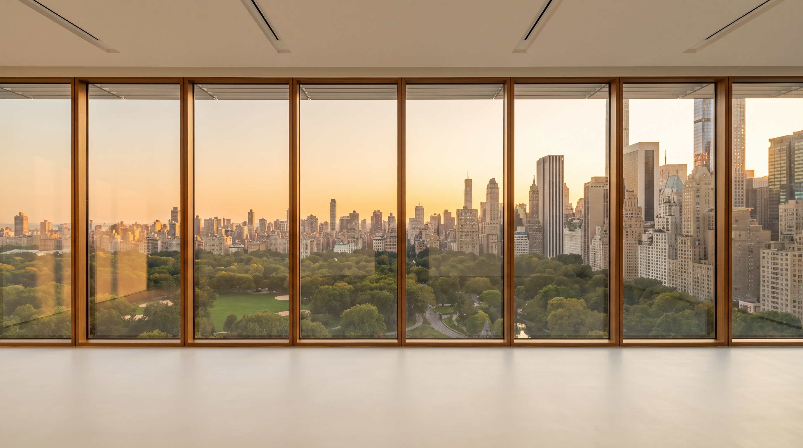 An empty minimal high-rise room with a flat floor-to-ceiling glass wall in wood mullions, overlooking a green park and a dense glowing city skyline at golden hour, pale matte floor.