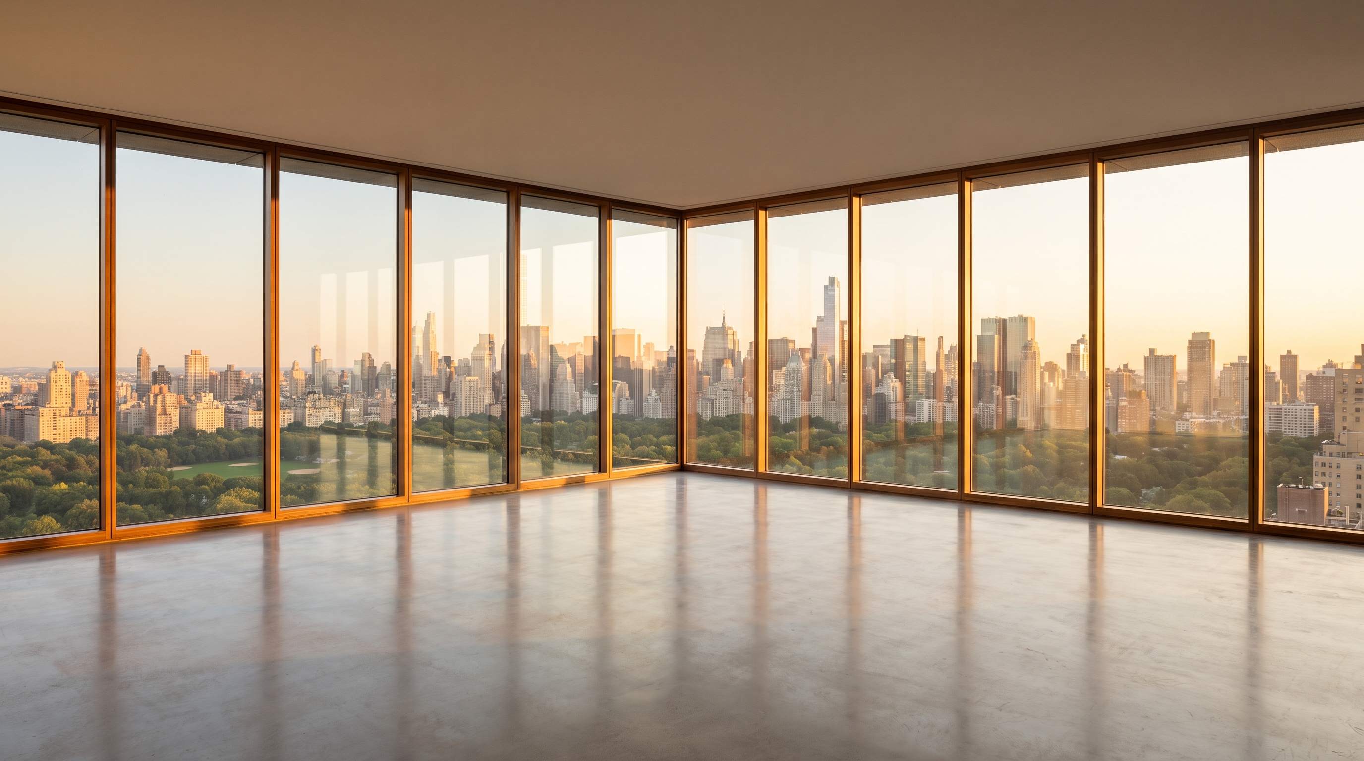 An empty minimal high-rise corner room fully enclosed in wood-framed floor-to-ceiling glass wrapping around both corners, overlooking green parkland and a dense glowing city skyline at golden hour, polished concrete floor.