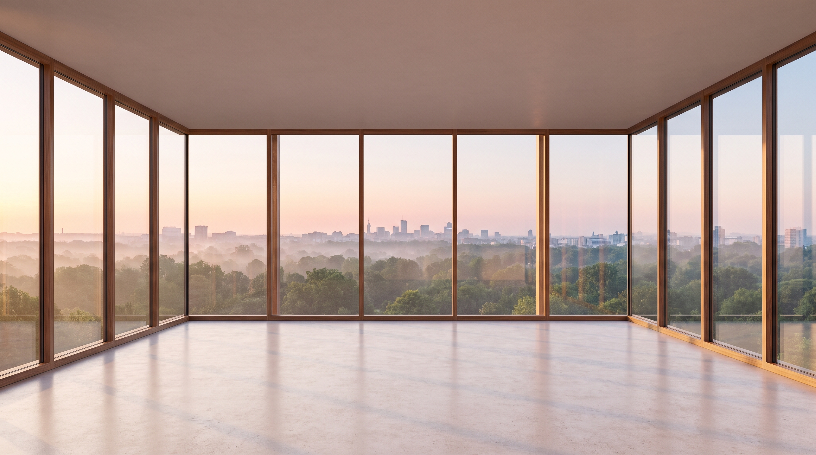 An empty minimal high-rise corner room fully enclosed in wood-framed floor-to-ceiling glass wrapping around both corners, looking over misty green treetops to a distant city skyline at soft dawn, polished concrete floor.