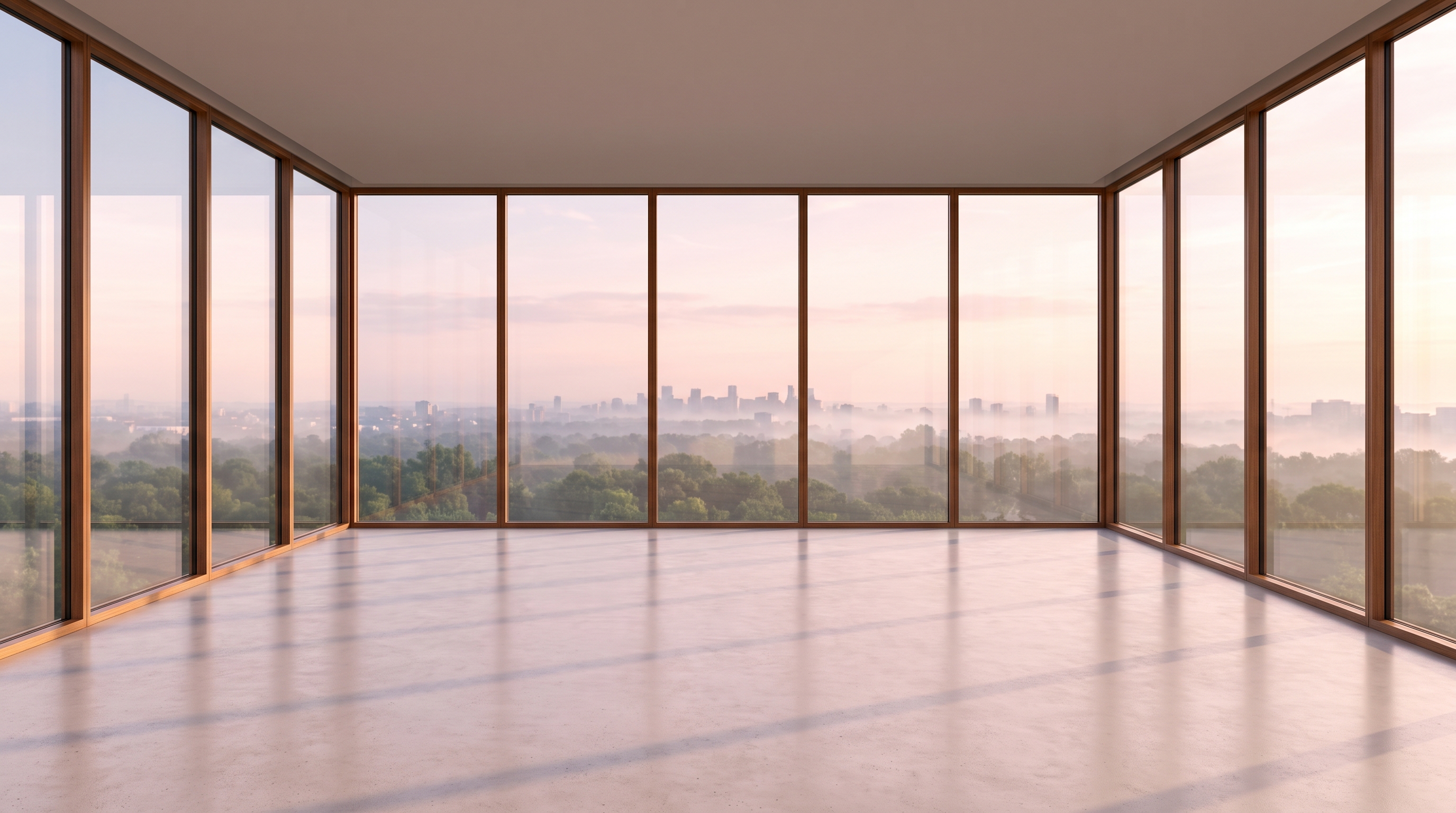 An empty minimal high-rise corner room fully enclosed in wood-framed floor-to-ceiling glass wrapping around both corners, soft pink dawn sky over misty green treetops and a distant skyline, polished concrete floor.