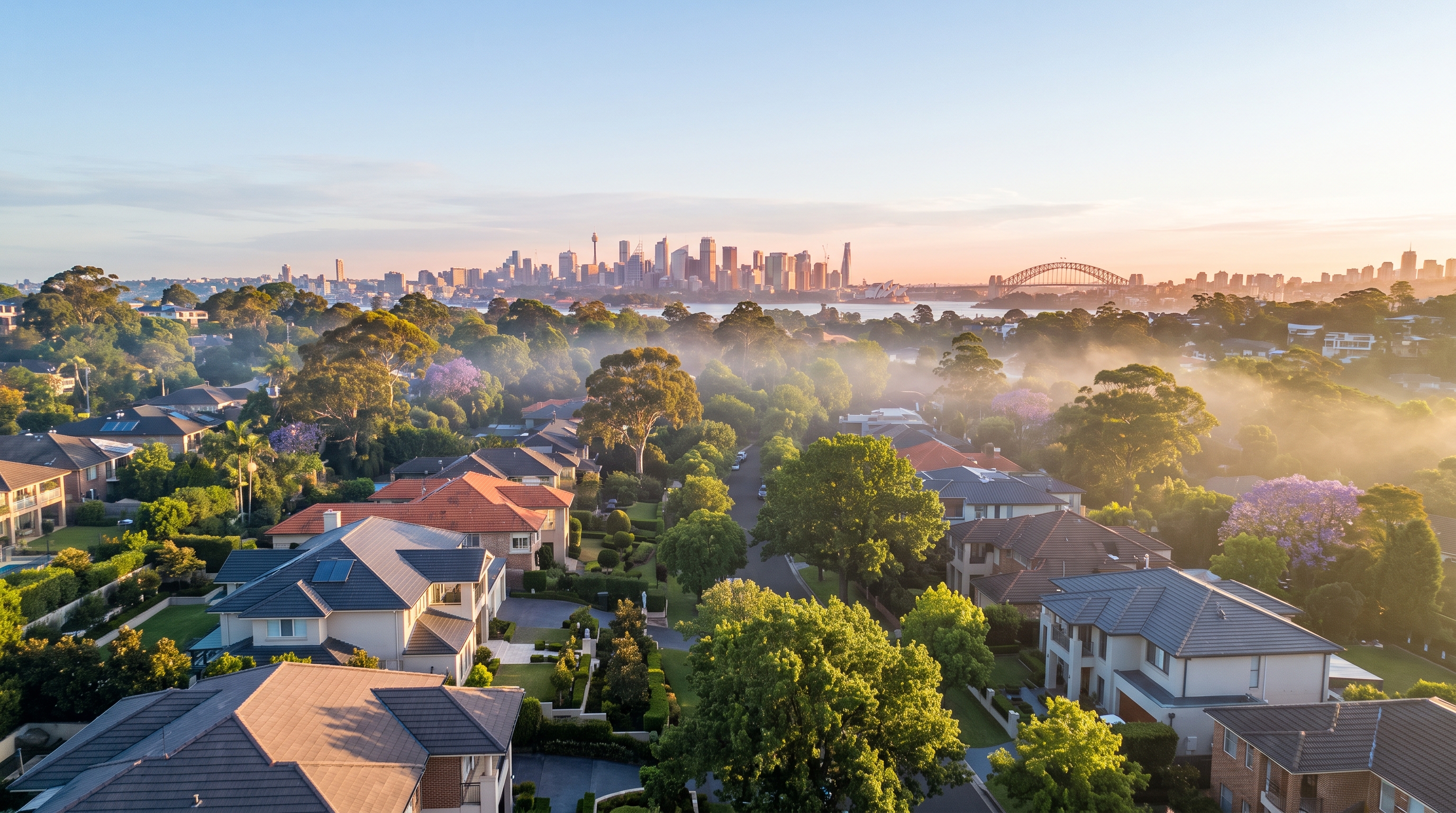 A low oblique aerial skimming over the rooftops of an affluent tree-lined Hills neighbourhood, a leafy avenue of large modern homes leading toward the distant Sydney skyline through morning mist, an alternate framing.