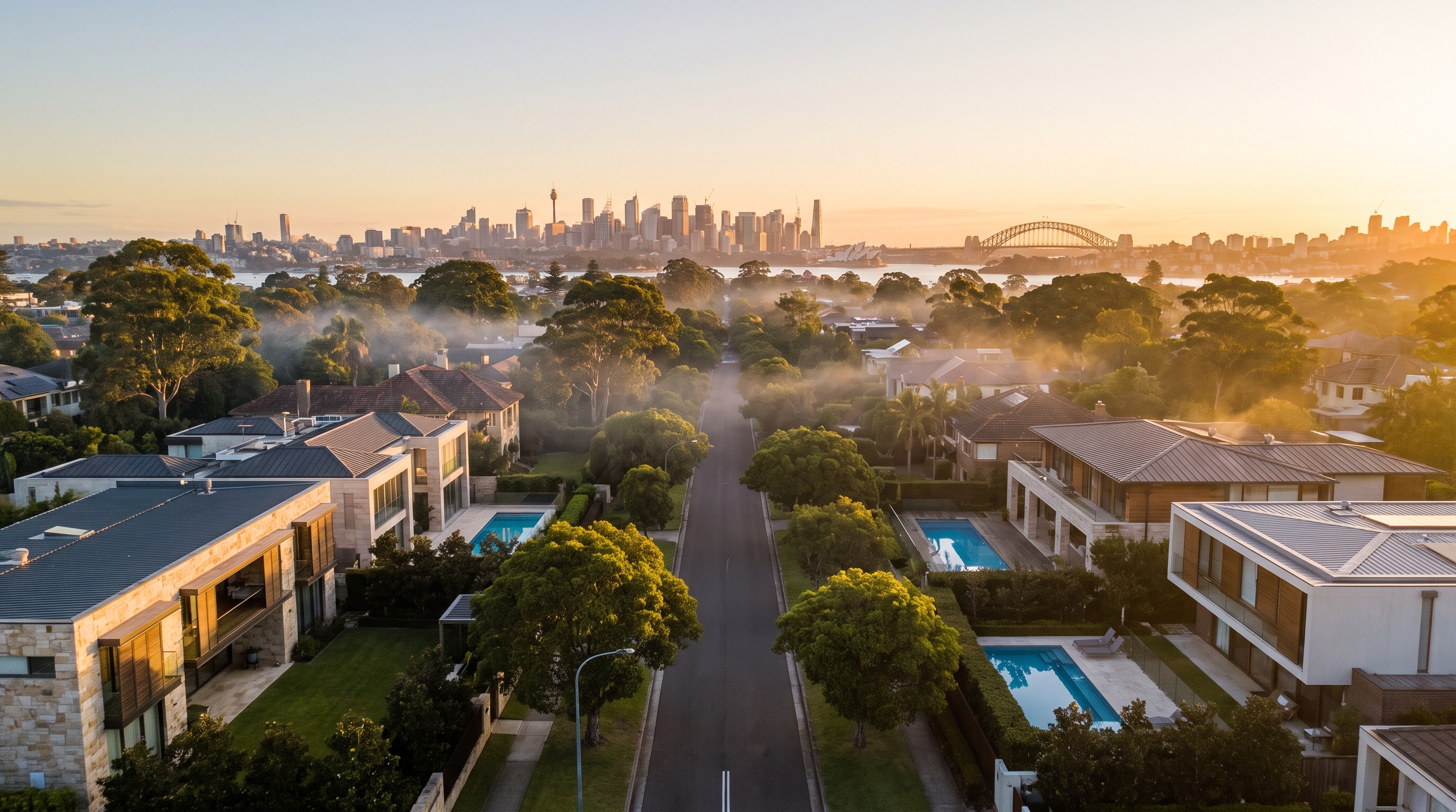 A low oblique aerial at warm golden first light down a wide tree-lined avenue of large architect-designed homes with manicured gardens, soft mist in the gaps between green canopy and the distant Sydney skyline glowing warm on the horizon, an alternate framing.