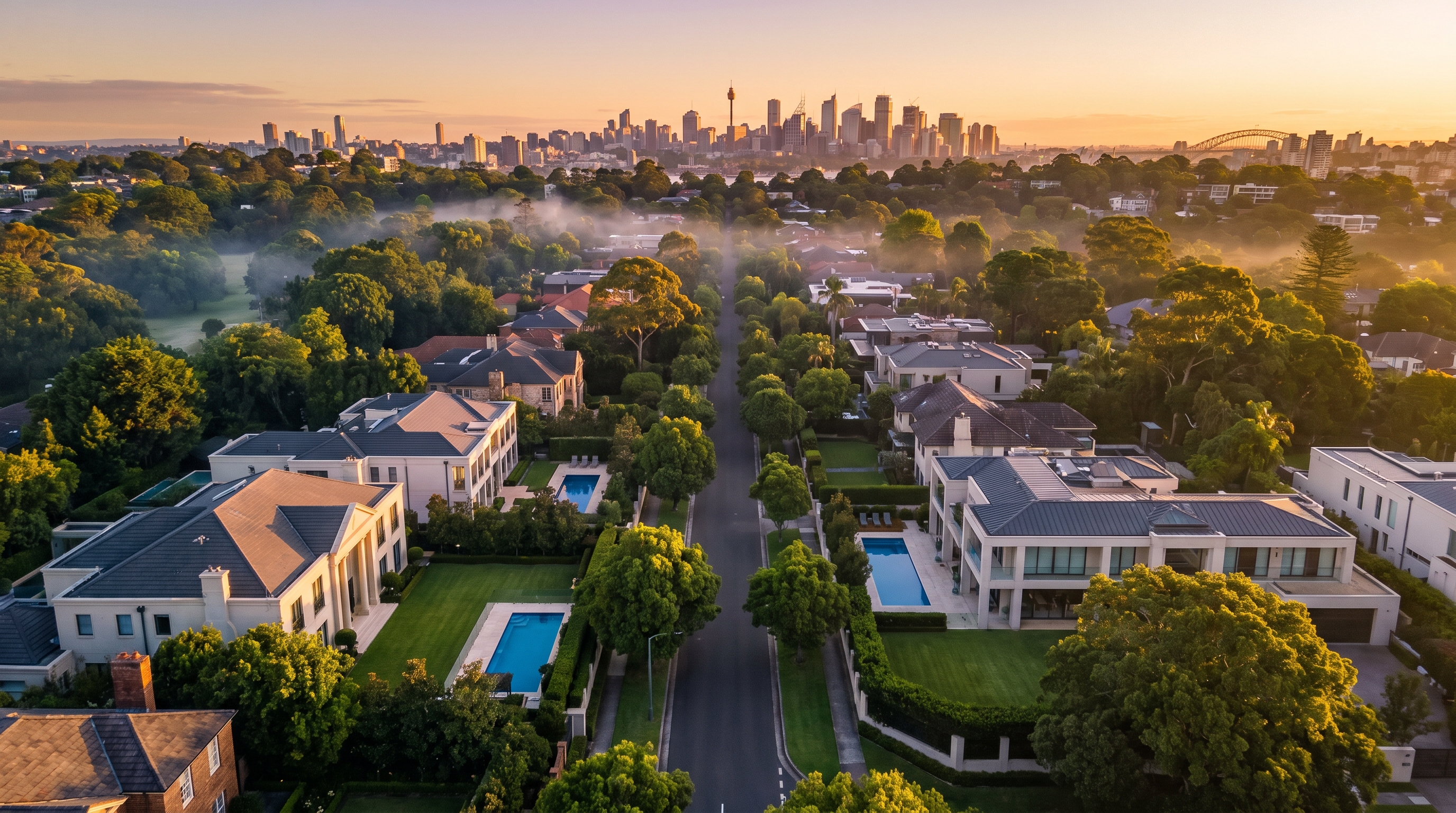 A low oblique aerial at warm golden first light down a wide tree-lined avenue of large architect-designed homes with manicured gardens and a few pools, soft mist in the gaps between green canopy, the avenue leading to the distant Sydney skyline glowing warm on the horizon.