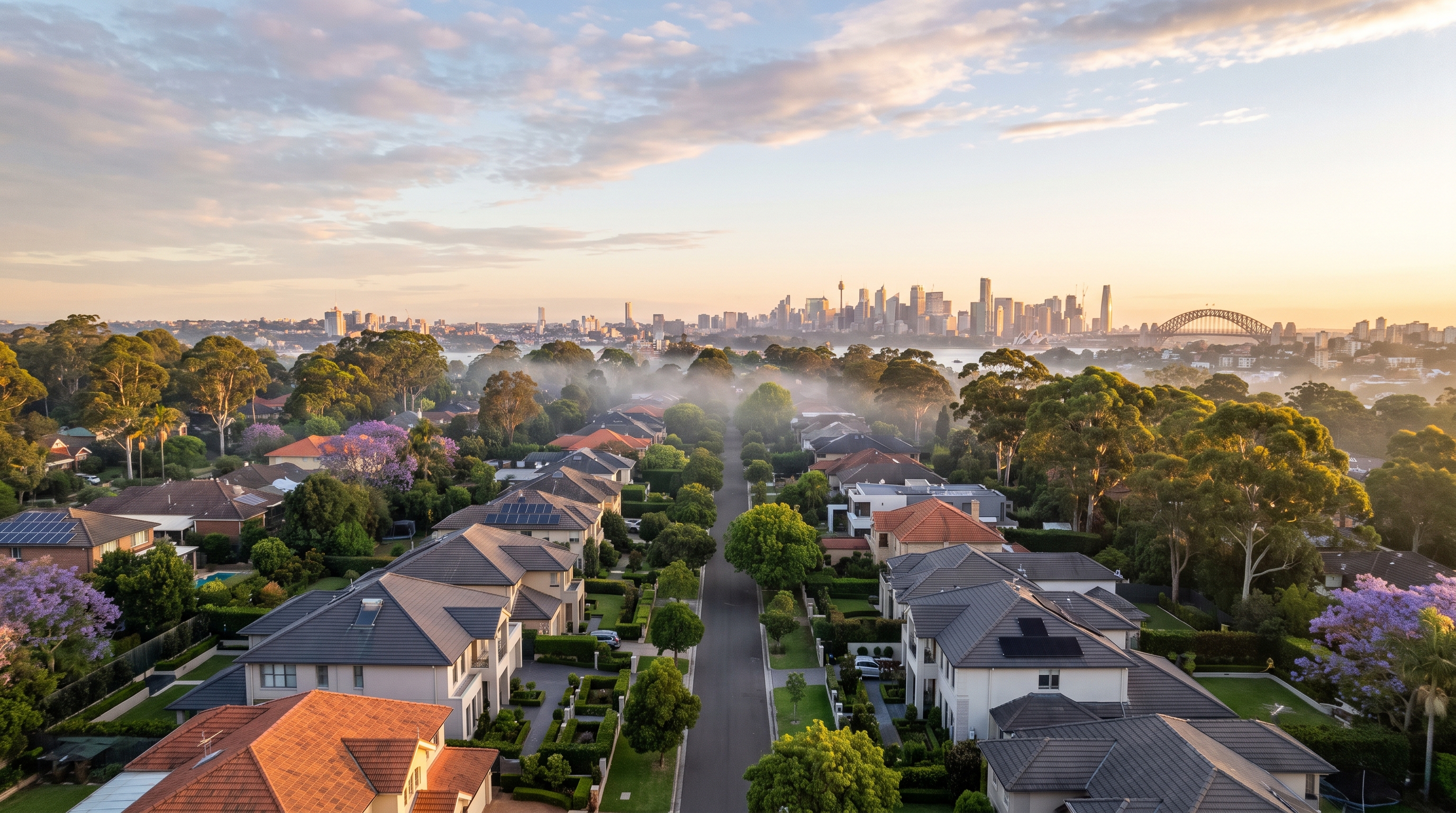 A low oblique aerial skimming over the rooftops of an affluent tree-lined Hills neighbourhood, a leafy avenue of large modern homes leading the eye through morning mist toward the distant Sydney skyline.
