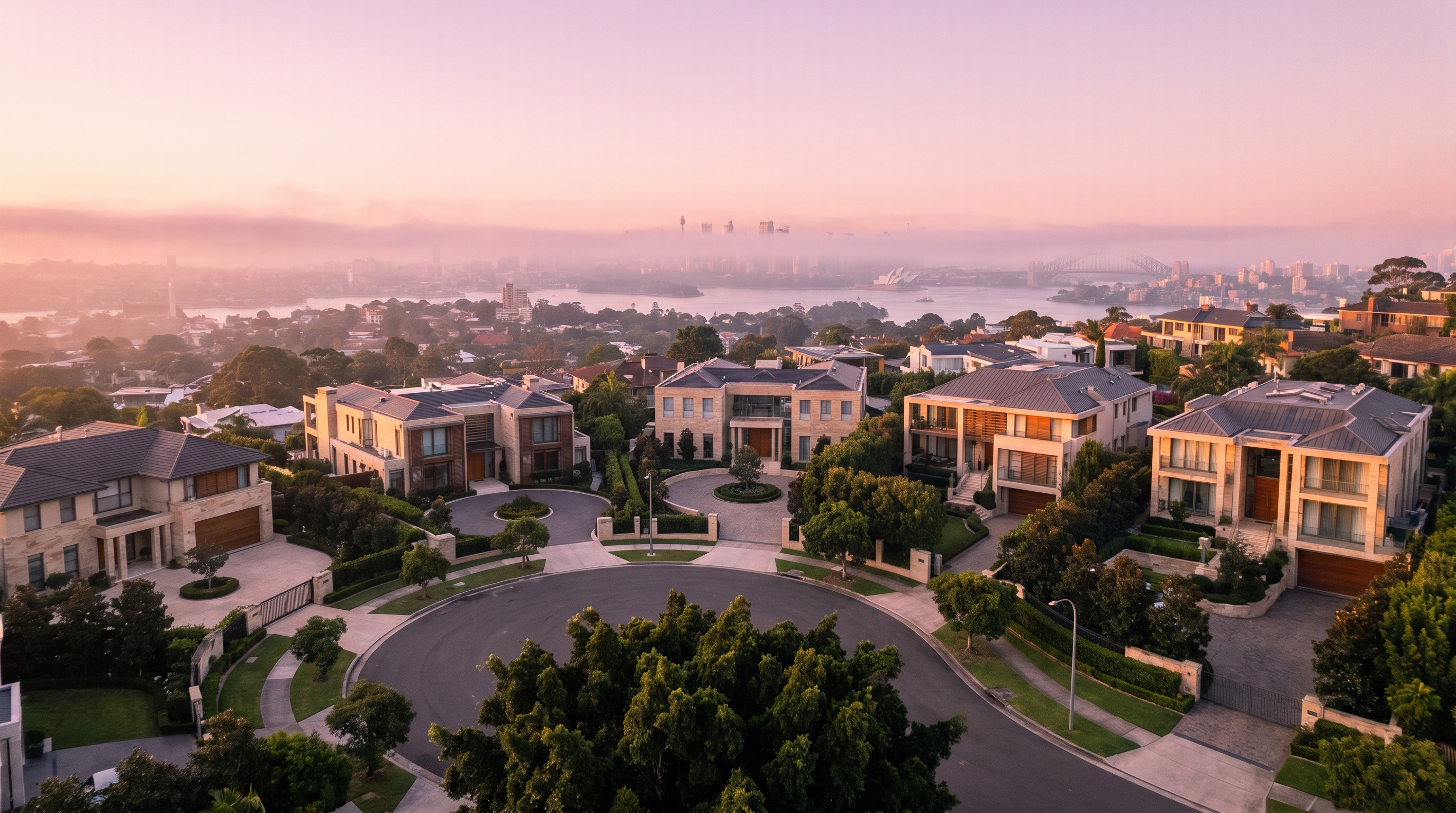 An aerial at soft pink dawn over an elegant curving crescent of large prestige homes with circular driveways and established gardens, light mist beyond the rooftops and the distant Sydney skyline on the horizon, an alternate framing.