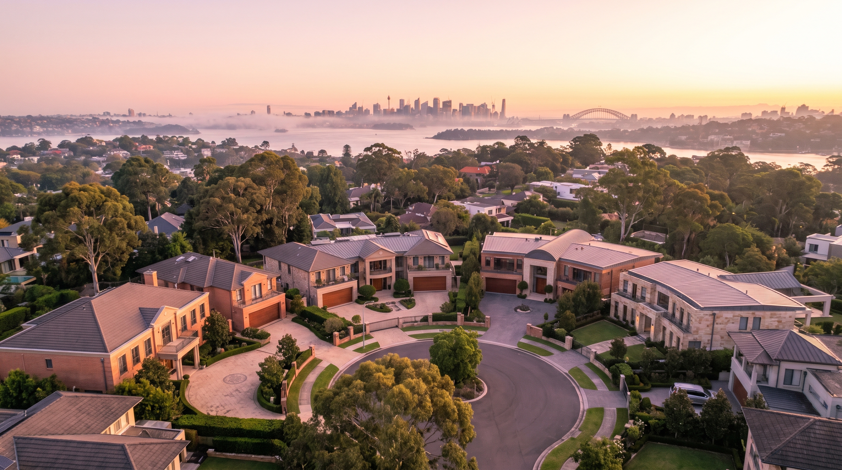 An aerial at soft pink dawn over an elegant curving crescent of large prestige homes with circular driveways and established gardens, light mist drifting beyond the rooftops, the distant Sydney skyline glowing on the horizon.