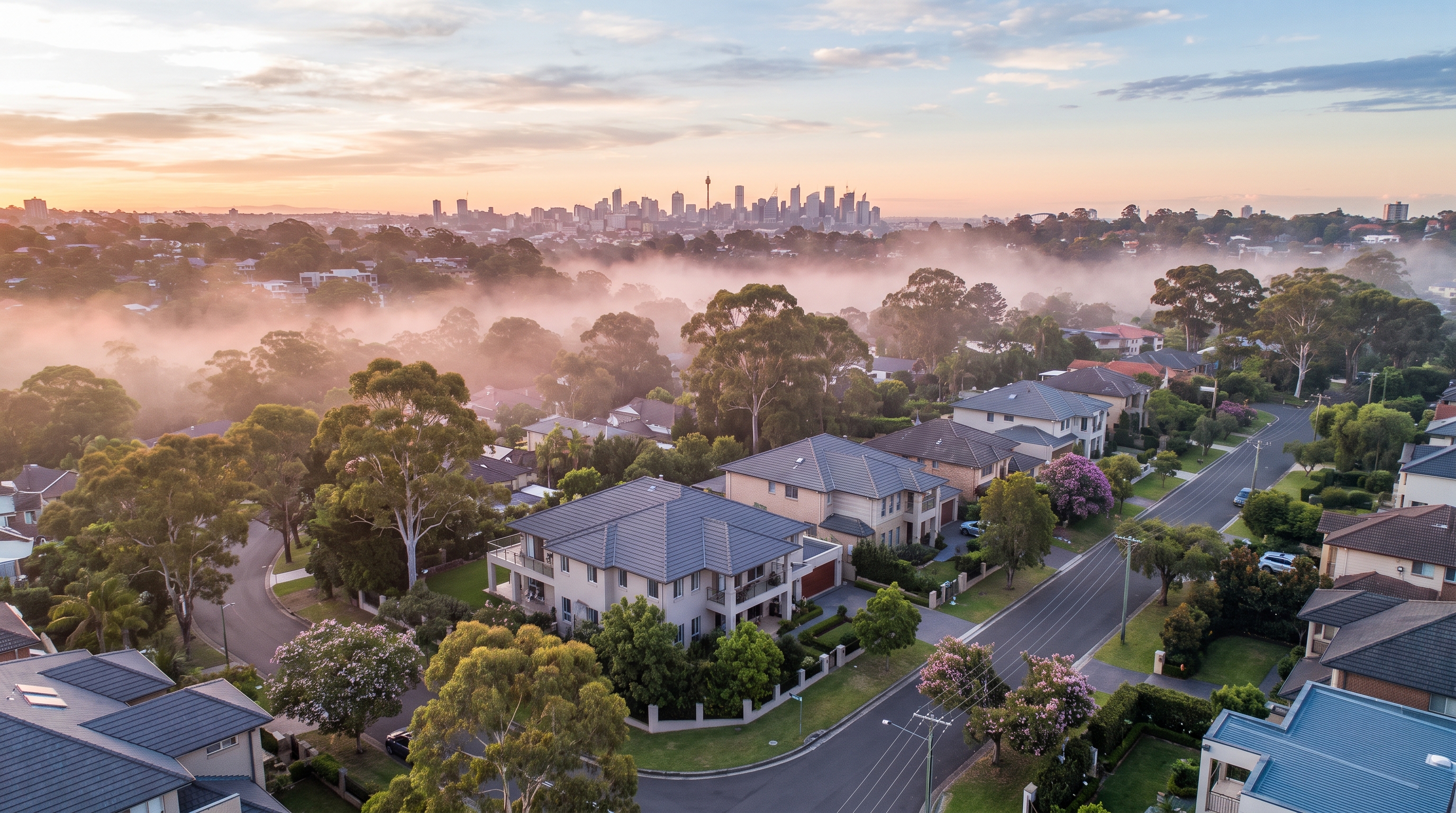 An aerial over an affluent leafy Hills neighbourhood at first light, large modern homes among green canopy and quiet streets, soft pink mist over the rooftops and the distant Sydney skyline, an alternate framing.