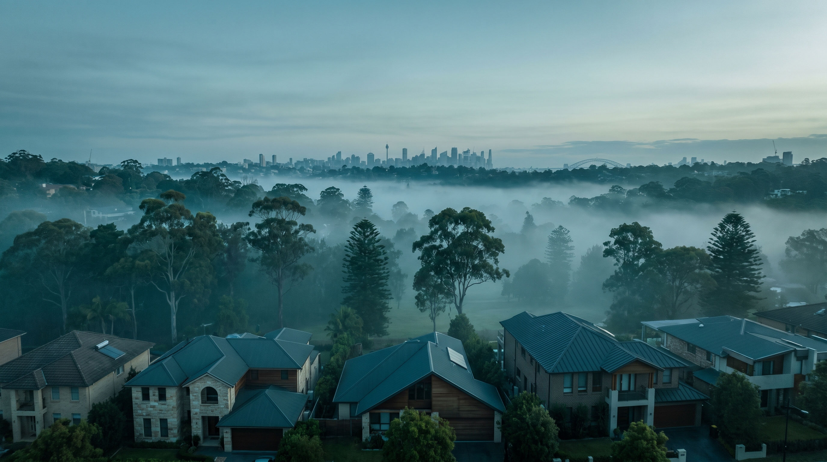 An aerial over a leafy affluent Hills neighbourhood in cool blue post-dawn light, large modern homes emerging from thick valley mist among green canopy, the distant Sydney skyline faint on the horizon, an alternate framing.
