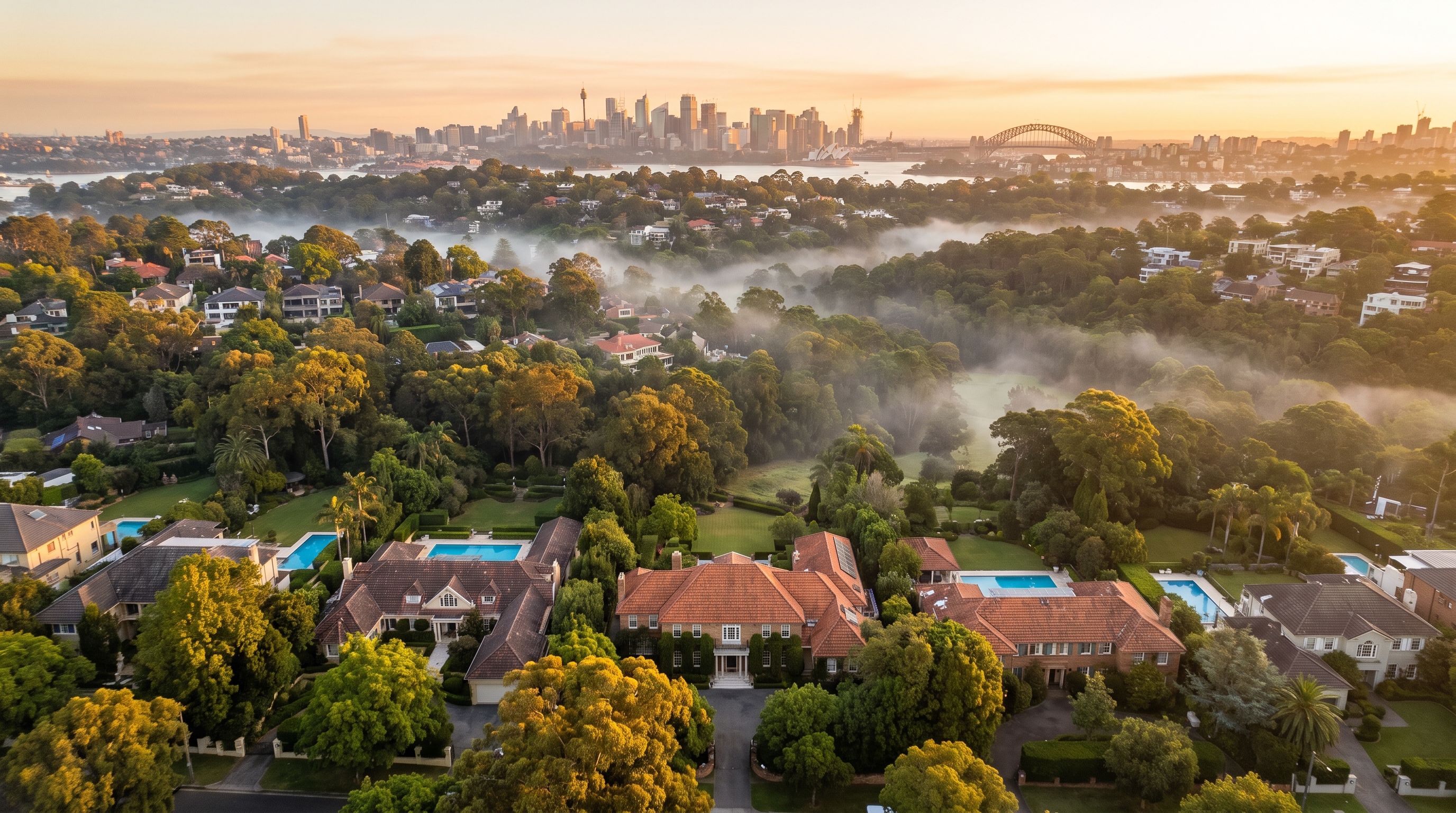 An aerial over substantial family homes with glittering pools and established gardens among warm green canopy in soft golden morning light, gentle threads of mist between the trees and the distant Sydney skyline warm on the horizon.