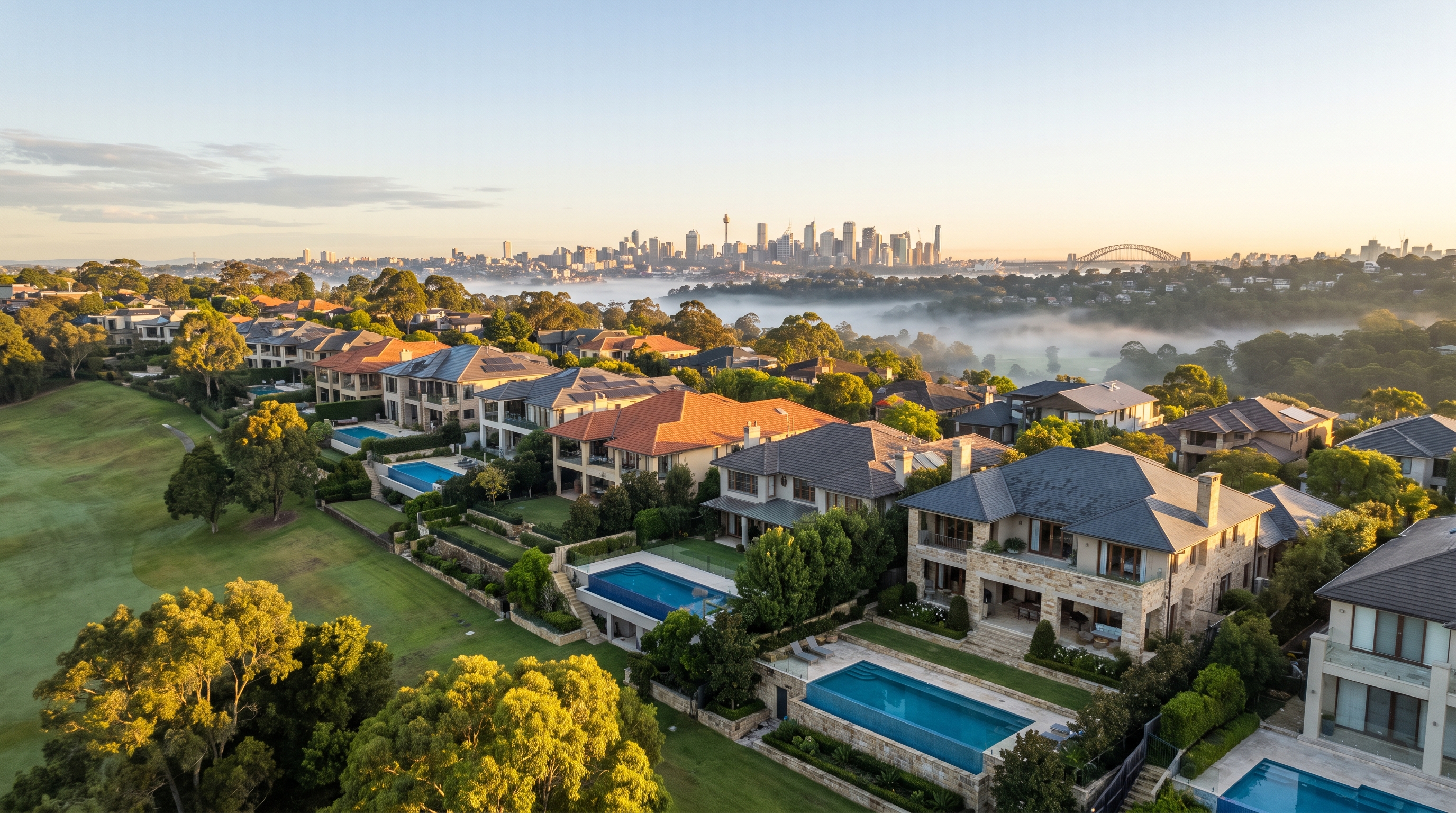 An aerial at soft golden morning over a leafy affluent Hills neighbourhood on a green ridge, large homes and gardens stepping down toward light valley mist and the distant Sydney skyline, an alternate framing.