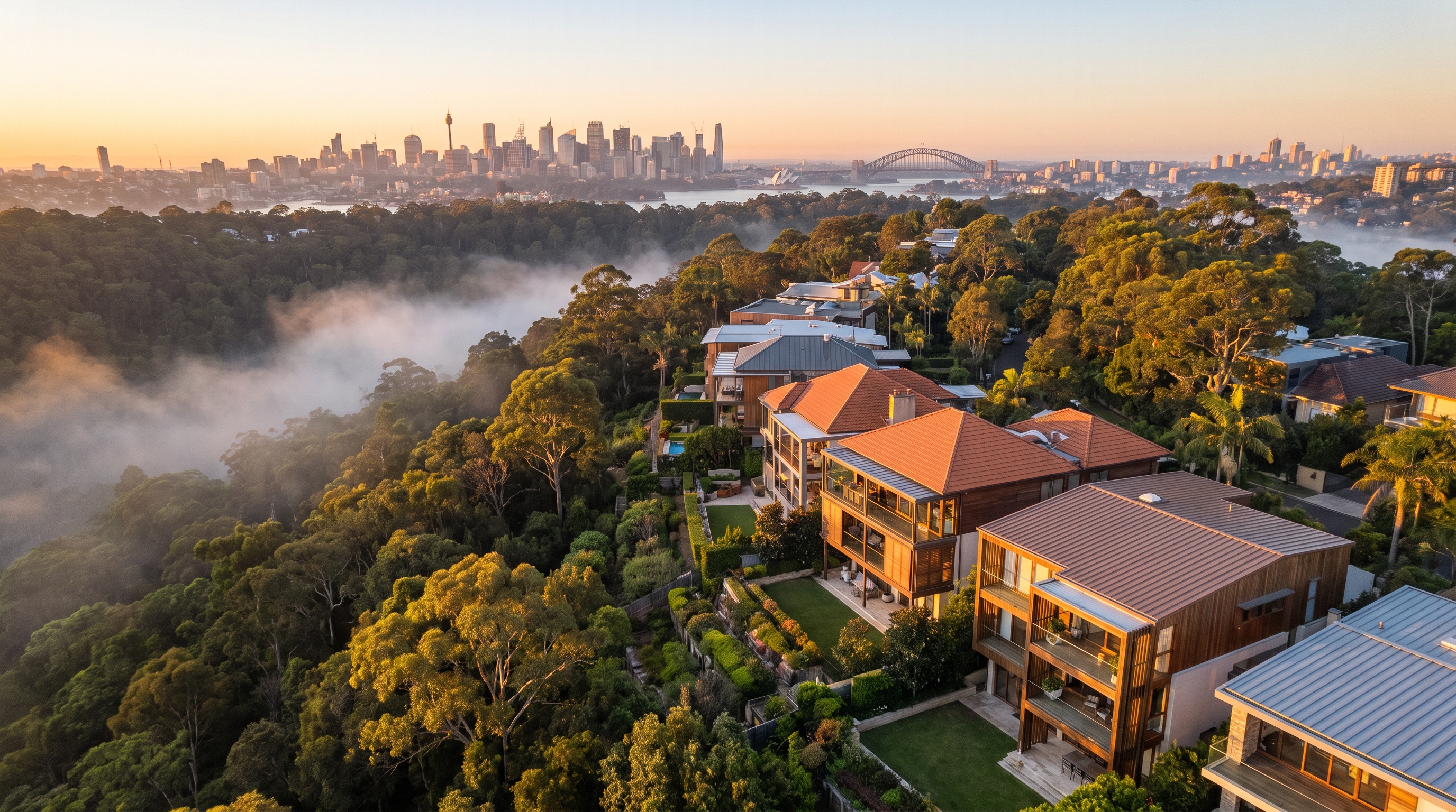 An aerial of large modern family homes along a leafy green ridge, the rising sun warm on the rooftops, soft mist in the valley below and the distant Sydney skyline glowing in the morning light, an alternate framing.