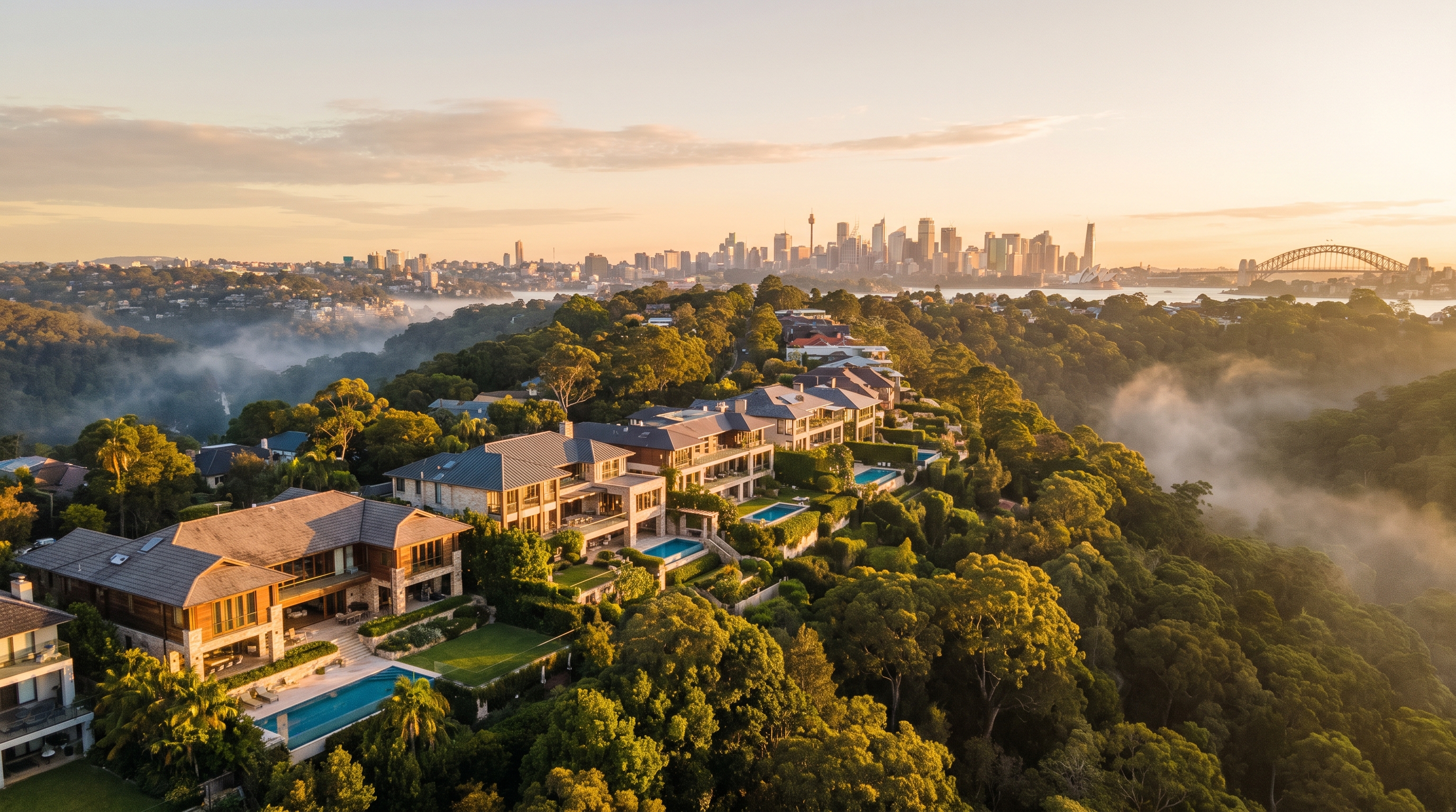 An aerial of large modern family homes stepping along a leafy green ridge, the rising sun warm on the rooftops and gardens, soft mist lifting from the valley below and the distant Sydney skyline glowing in the morning light.