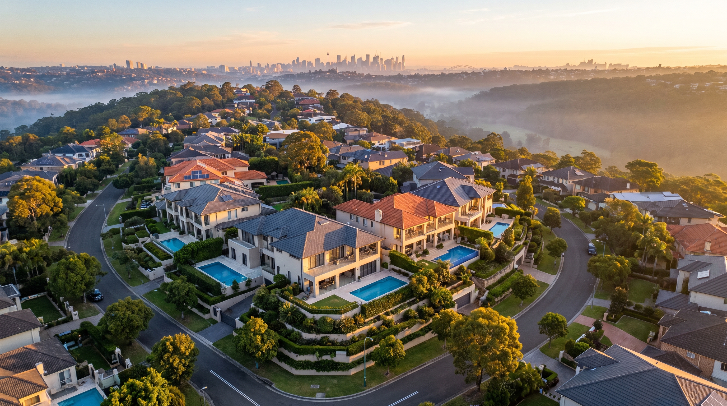 An aerial at soft golden morning over a leafy affluent Hills neighbourhood on a green ridge, large contemporary homes and gardens stepping down through canopy toward light valley mist, the distant Sydney skyline glowing on the horizon.