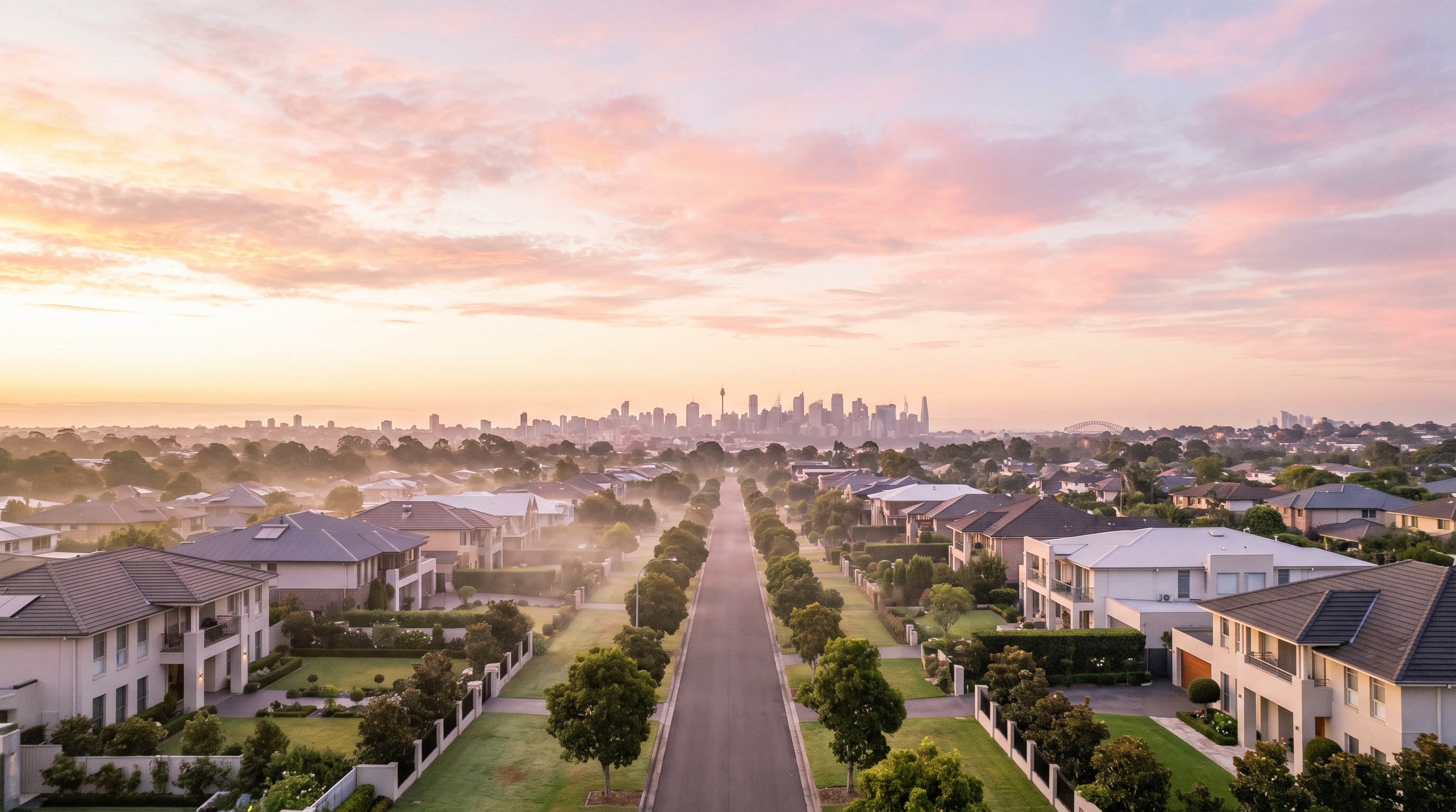 An aerial at soft pink dawn down a straight tree-lined avenue of large modern homes toward the distant Sydney skyline on a low horizon, soft pink cloud filling a large open upper sky, an alternate take with even more sky.