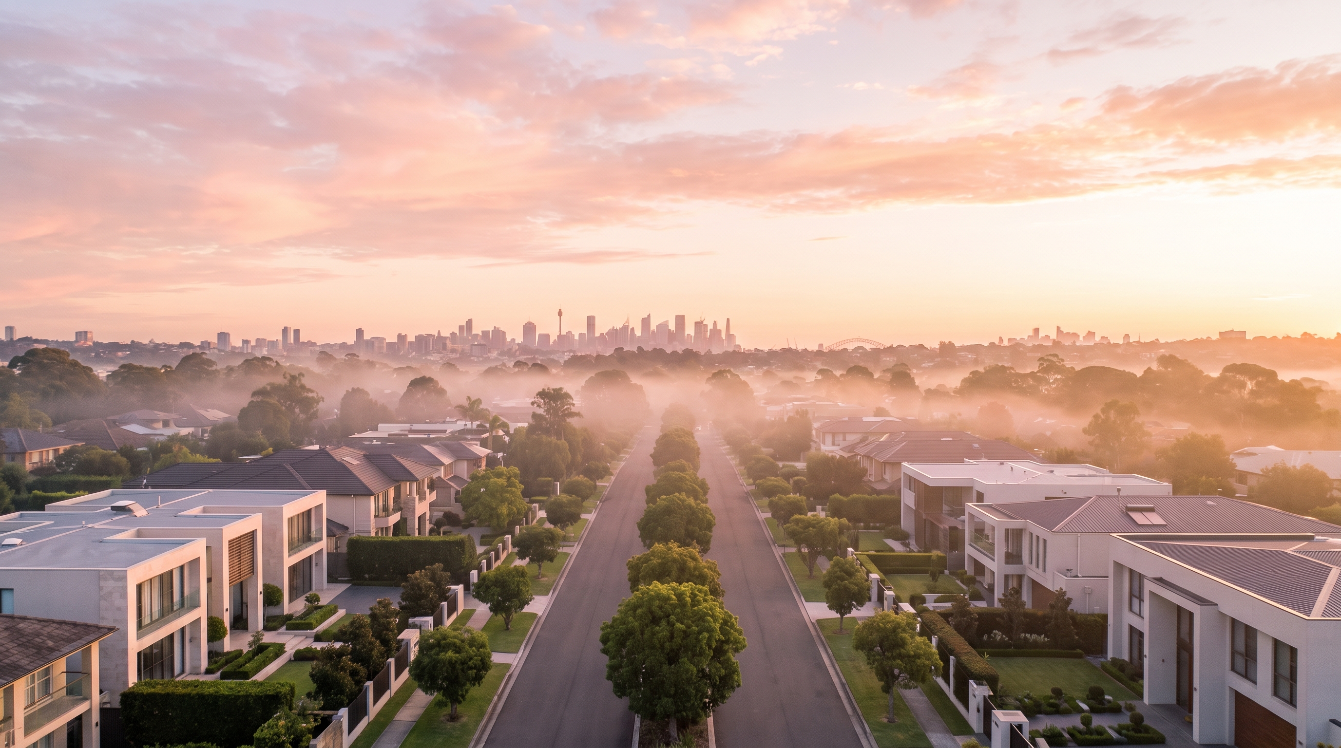 An aerial at soft pink dawn looking down a straight tree-lined avenue of large modern homes toward the distant Sydney skyline on a low horizon, light mist between the houses and soft pink dawn clouds filling the open upper half of the sky.