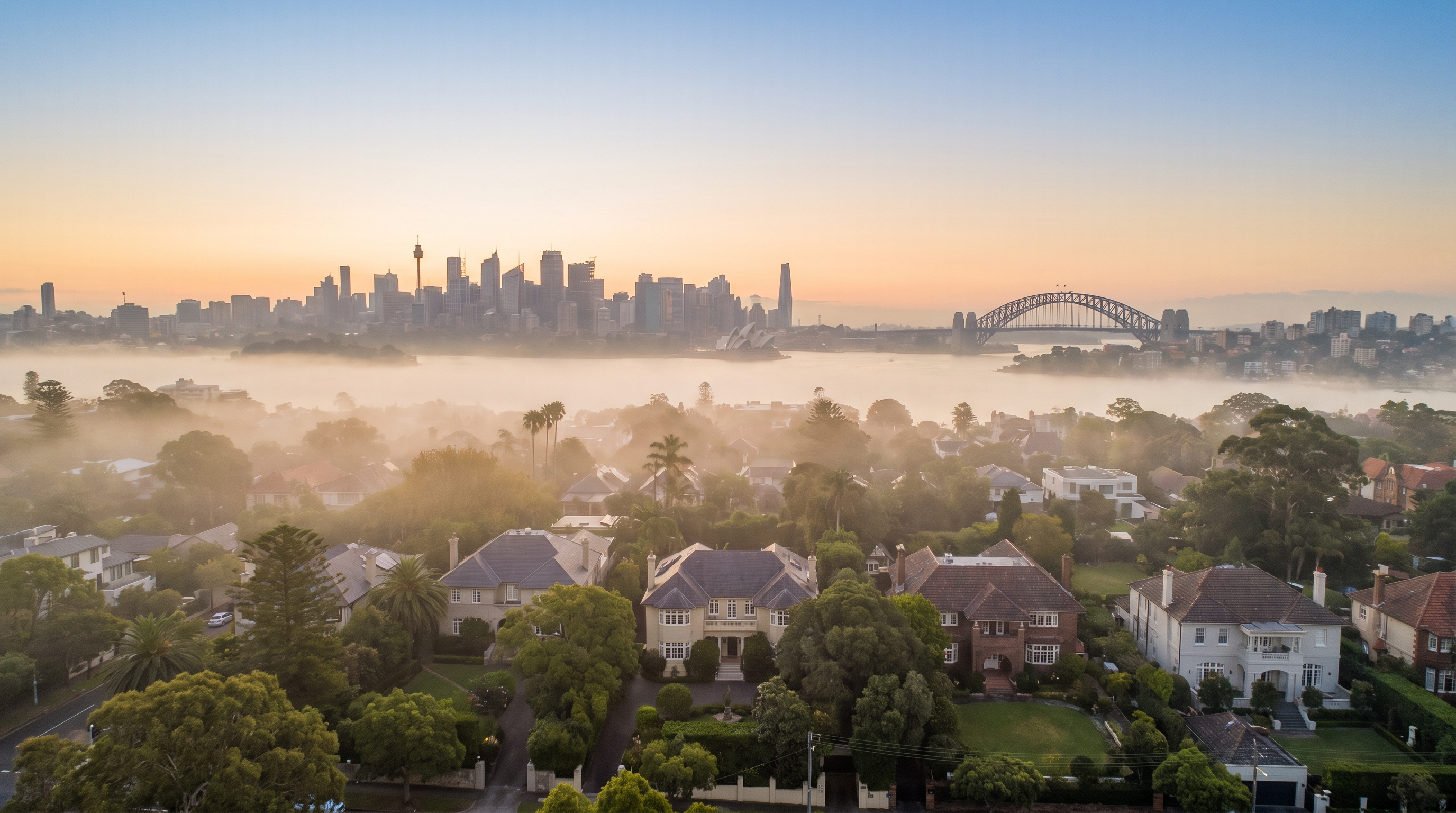 An aerial at soft warm dawn over a leafy neighbourhood of large homes and gardens under a low band of ground mist, the distant Sydney skyline rising through the haze, the open upper sky warming from gold at the horizon to clear sky above.