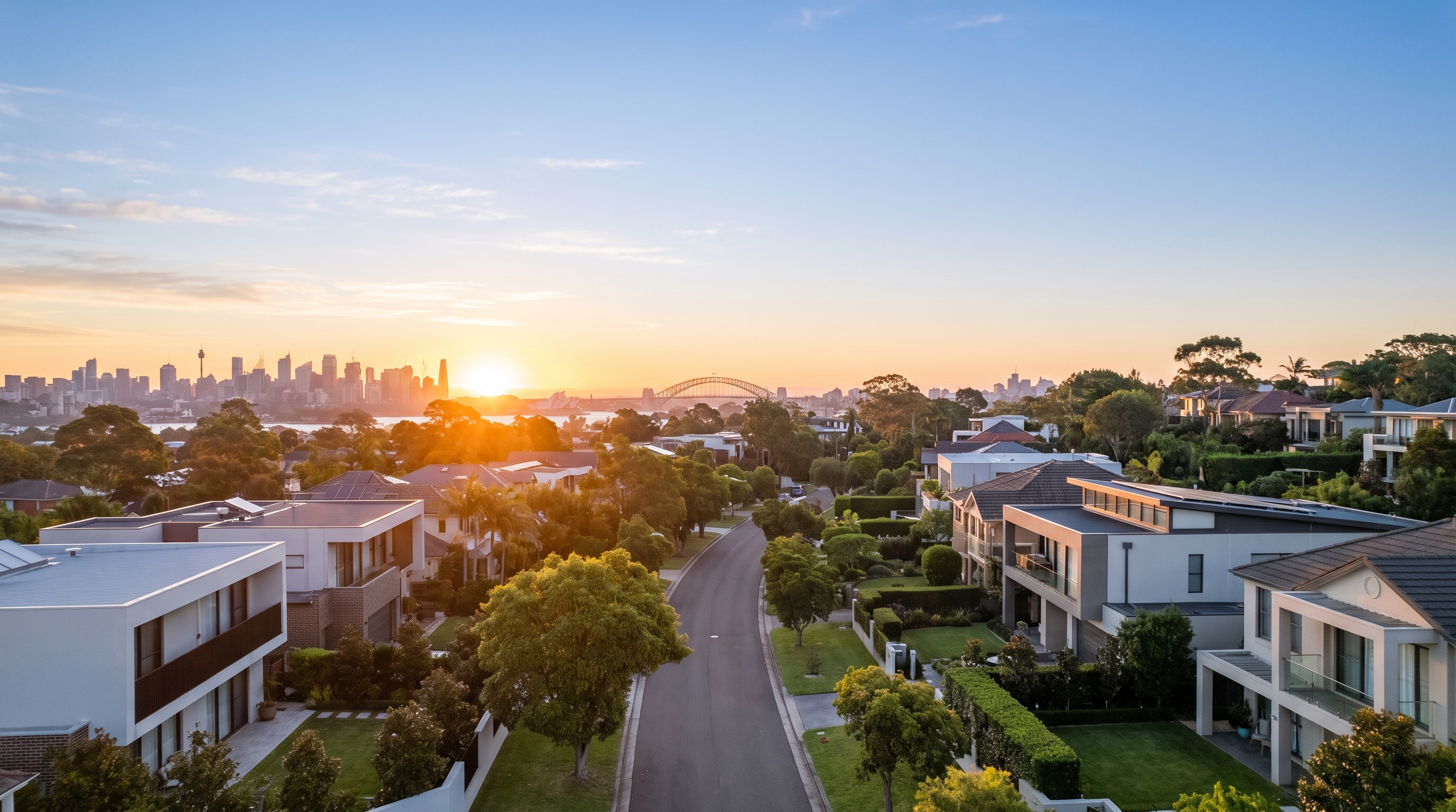 An aerial as the sun breaks the horizon over large modern homes and gardens among green canopy, a warm glow spreading low across the frame and the open upper half of the sky soft and clear, the distant Sydney skyline catching the first light.