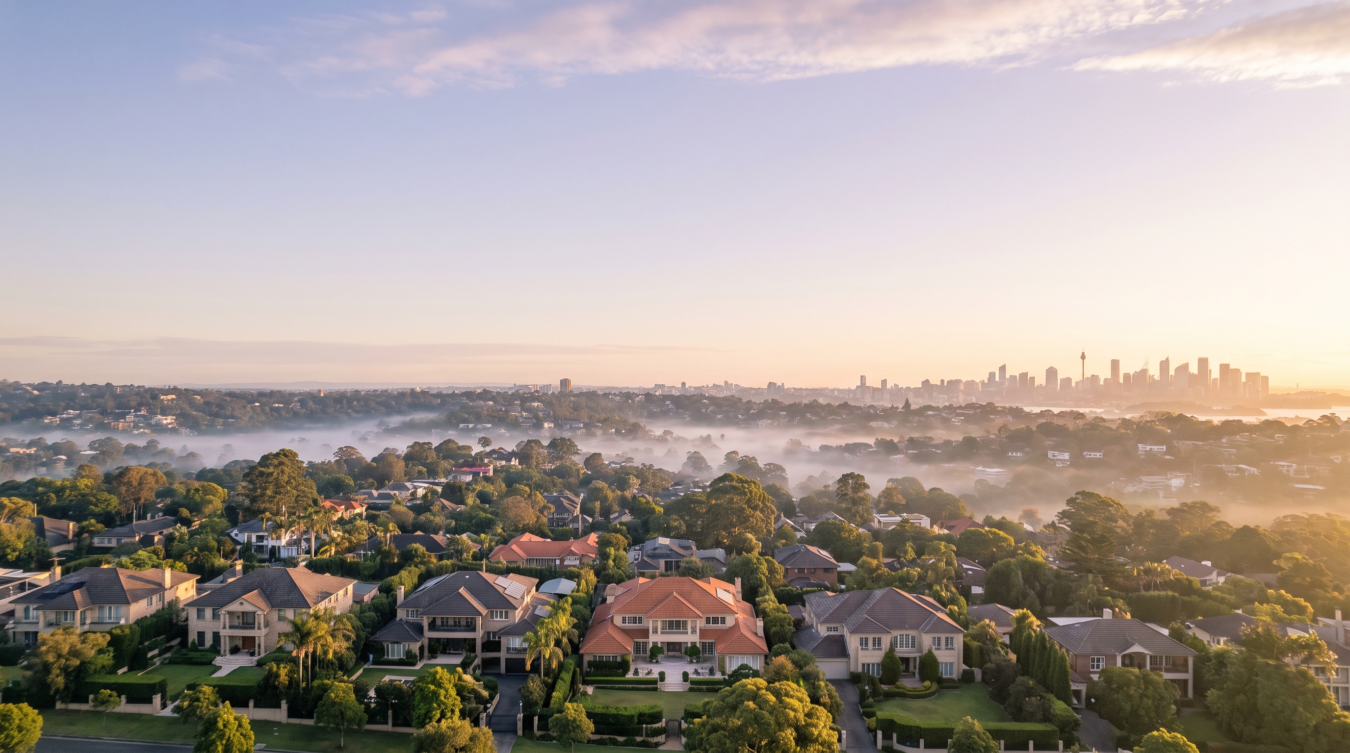 A high wide aerial at warm morning over an affluent leafy suburb of large family homes and gardens wrapped in gentle low mist, the distant Sydney skyline on the far horizon and a soft cloud bank high in the open upper sky.