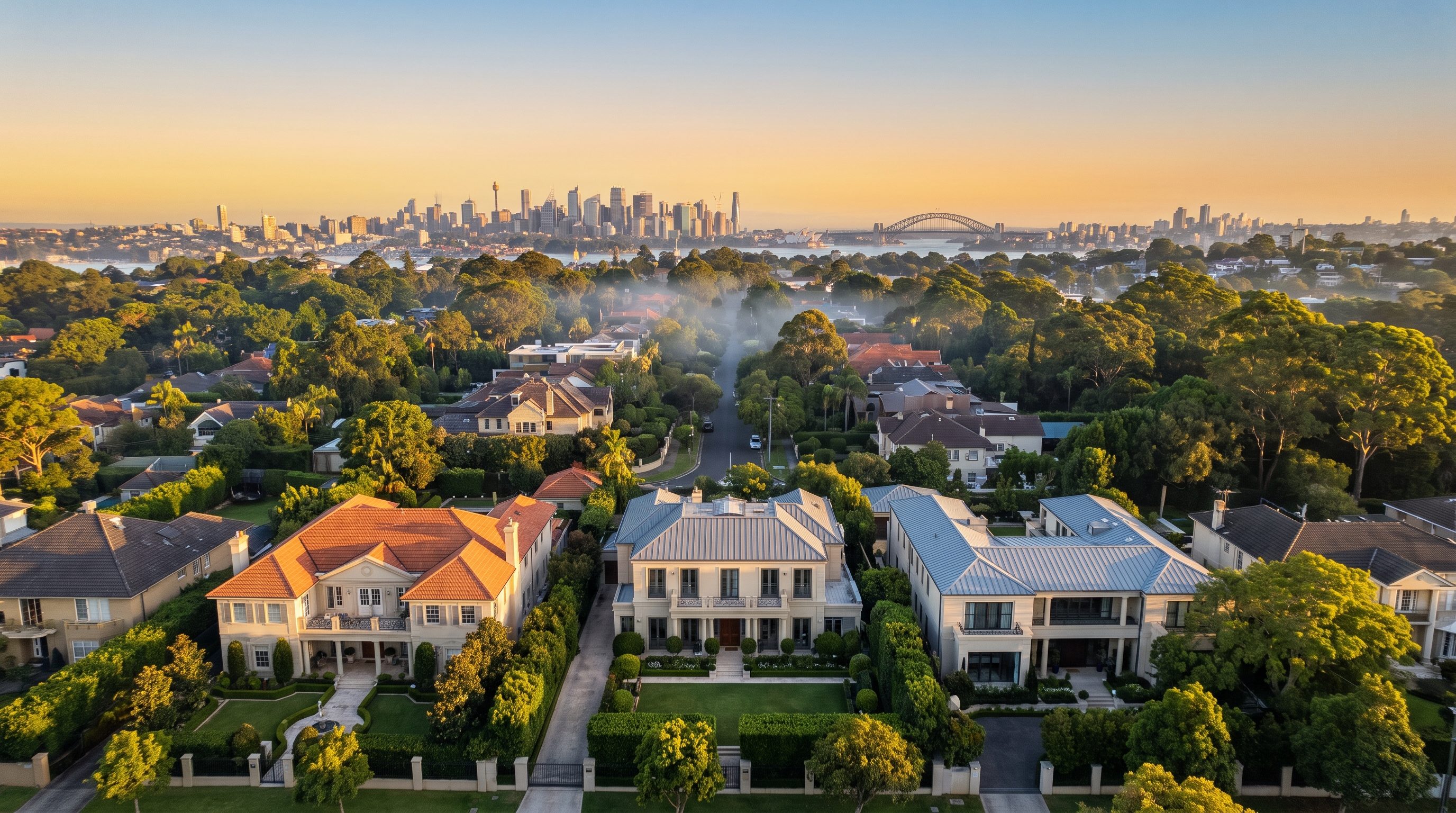 A mid-altitude aerial with large architect-designed homes and manicured gardens as the clear subject, warm morning light across the rooftops and a quiet tree-lined street leading toward the distant Sydney skyline, an alternate framing.