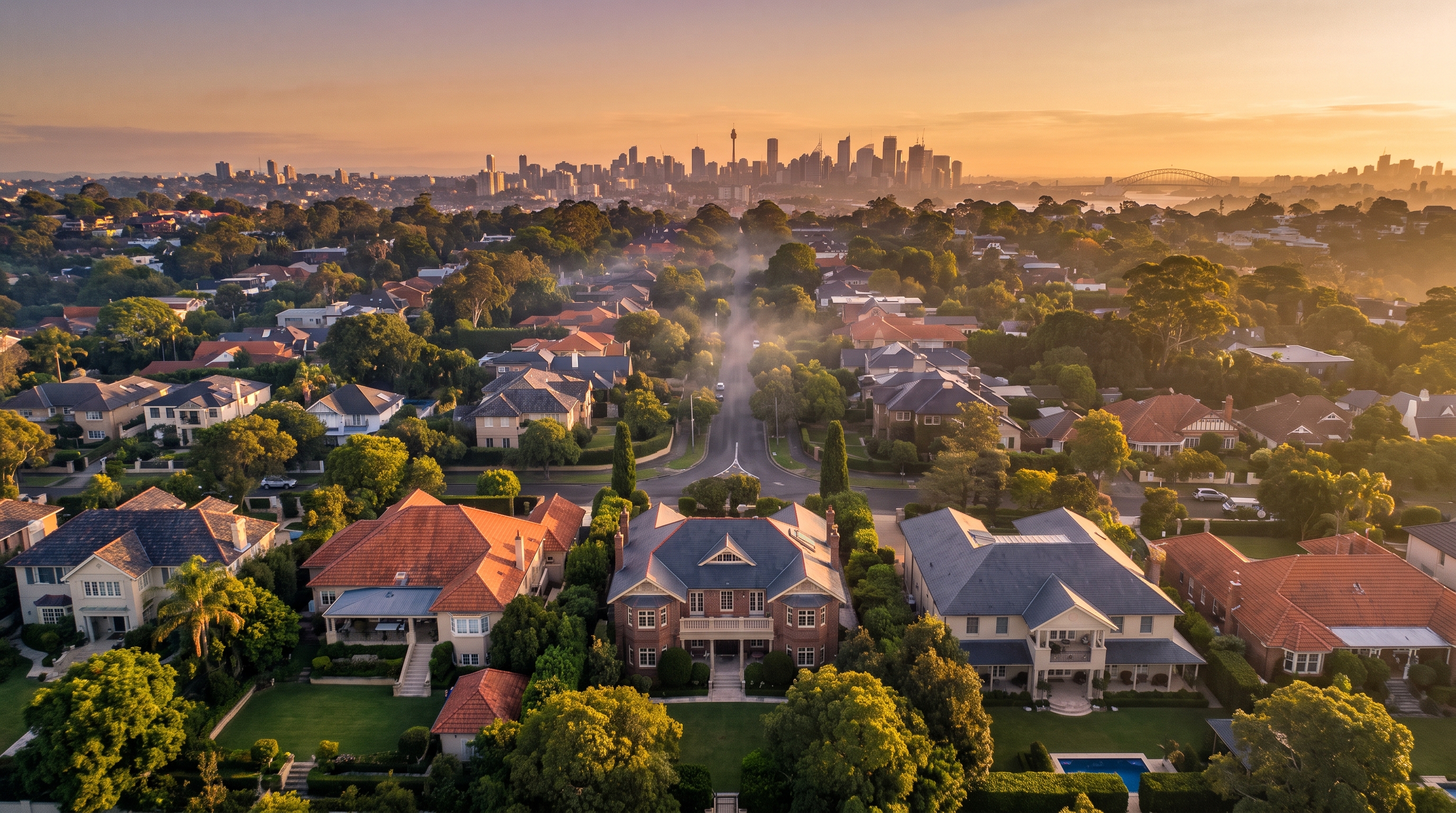 A mid-altitude aerial with large architect-designed homes and manicured gardens as the clear subject, warm raking morning light across the rooftops, a quiet tree-lined street leading through light mist toward the distant Sydney skyline.
