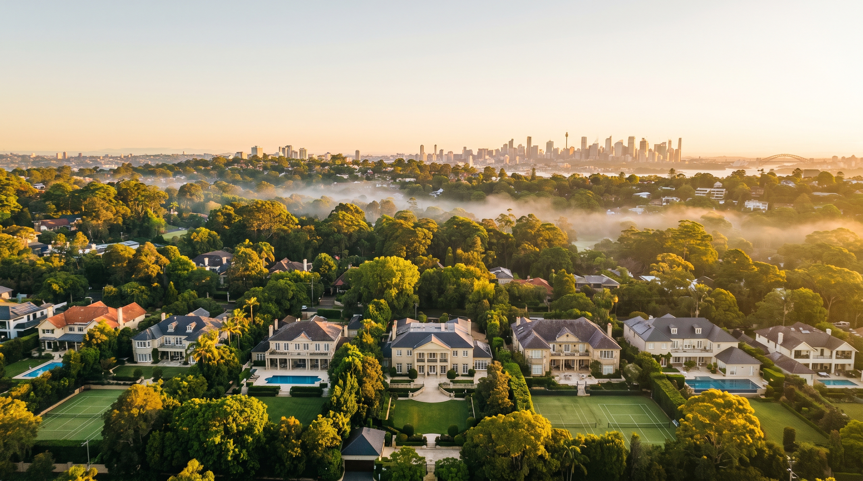 A high wide aerial over an affluent leafy suburb of large family homes and gardens in warm morning light, gentle low mist threading the green canopy and the distant Sydney skyline warm on the far horizon, an alternate framing.