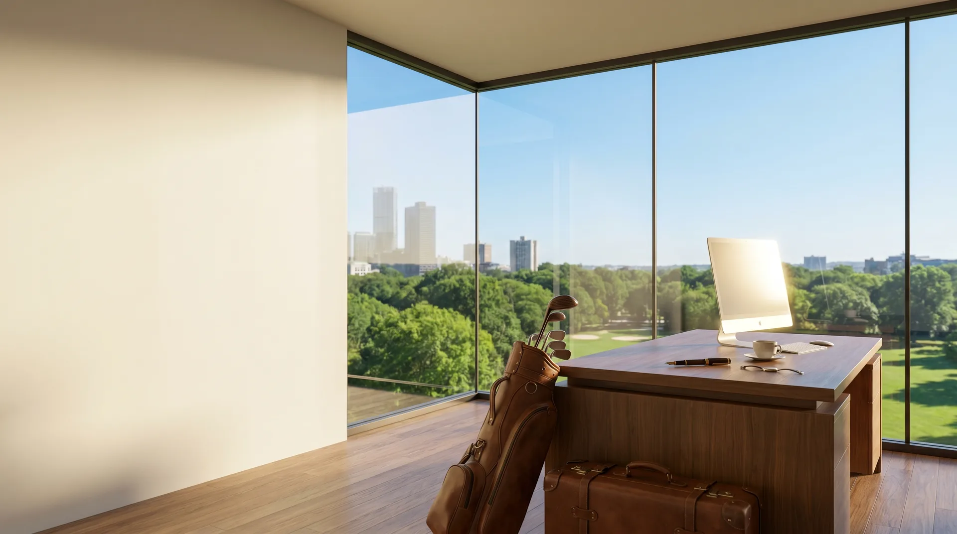 A modern walnut executive desk in a corner of floor-to-ceiling glass, looking onto green parkland and a distant city skyline, golf bag and suitcase in the foreground.