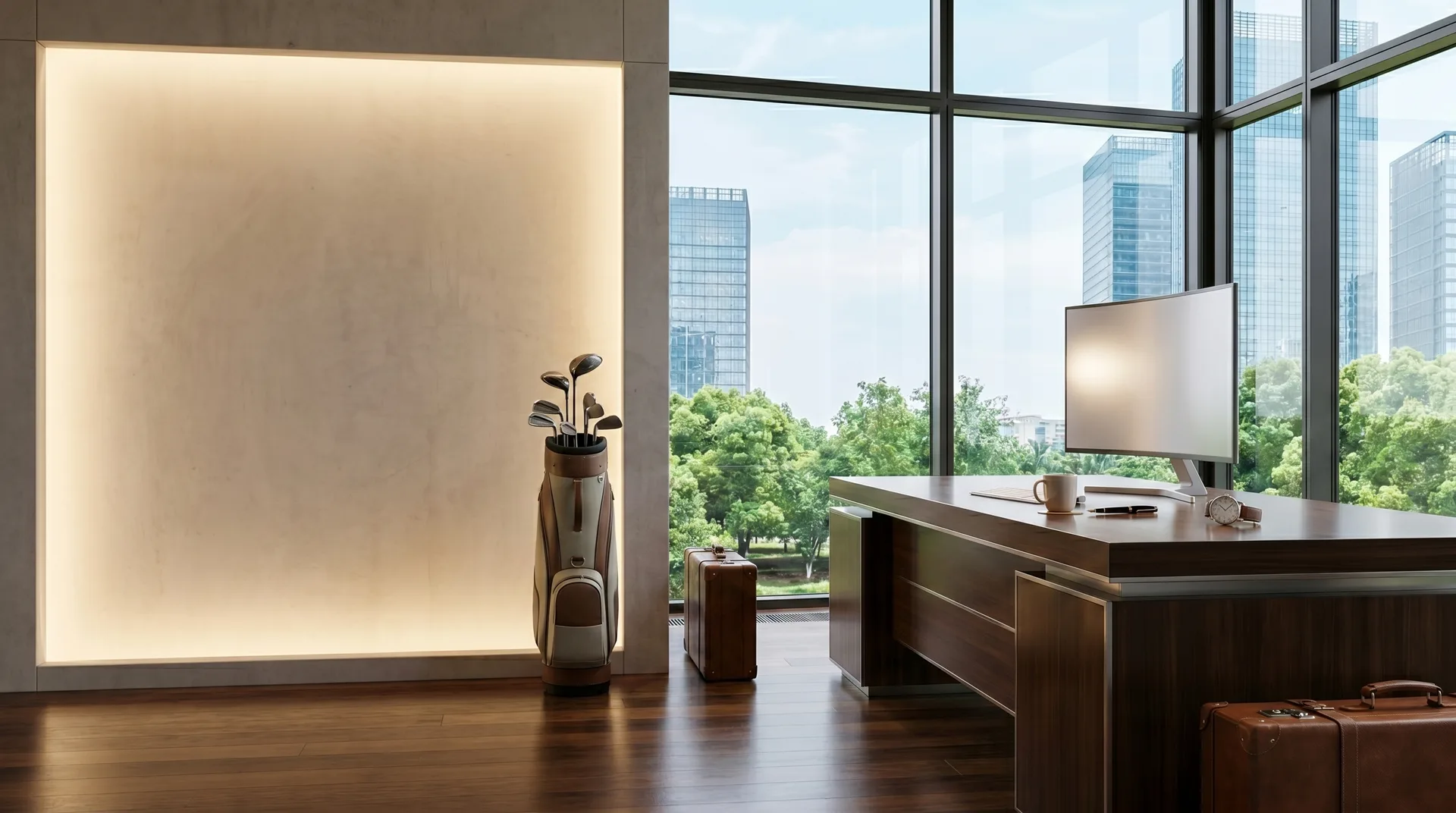 A grand modern executive desk beside a backlit feature wall, an upright golf bag and leather suitcase in the corner, trees and city towers through the windows.