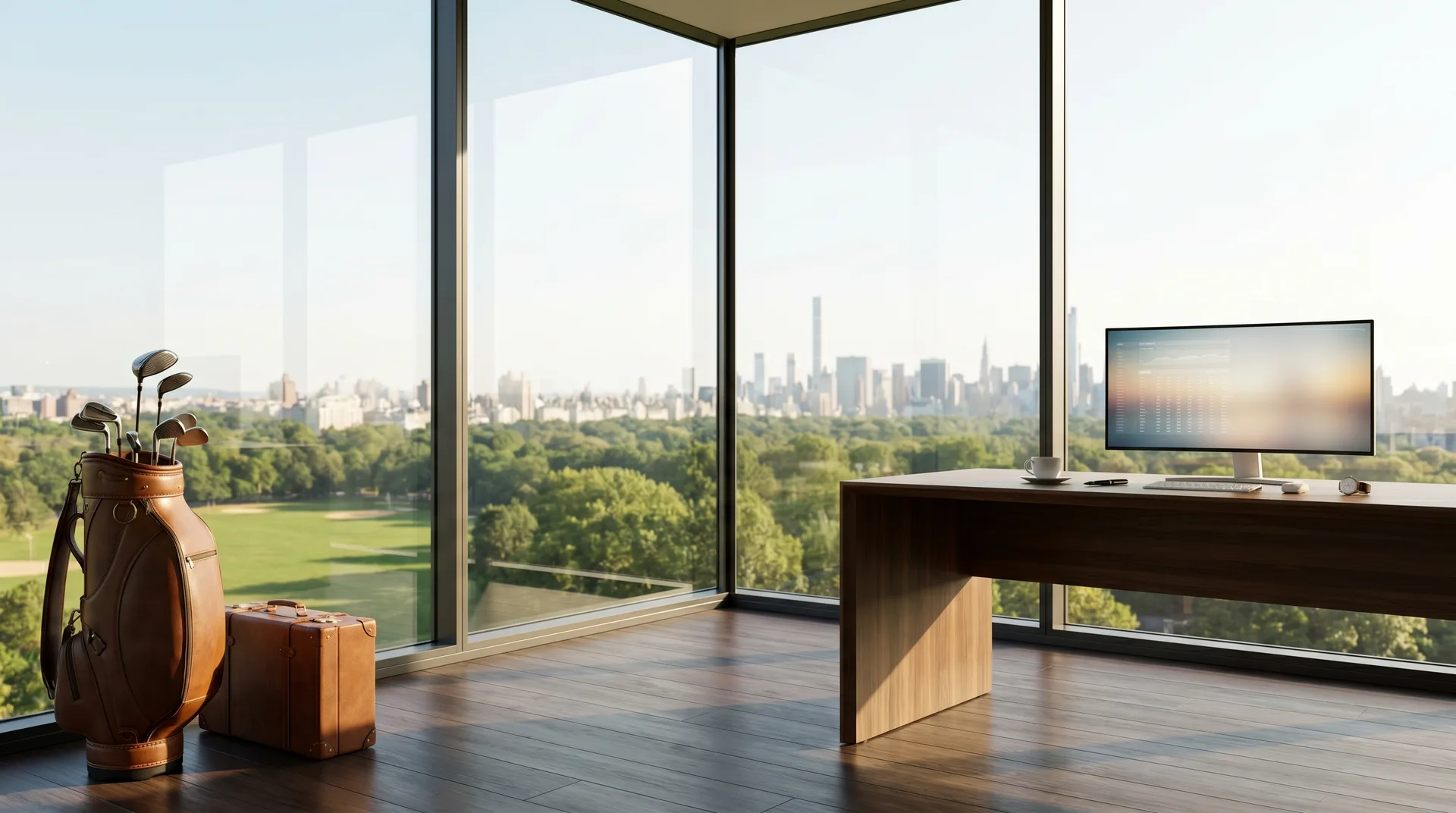 An all-glass corner office high above a green park and city skyline, a modern walnut desk with an ultrawide monitor on the right, golf clubs and a suitcase on the left.