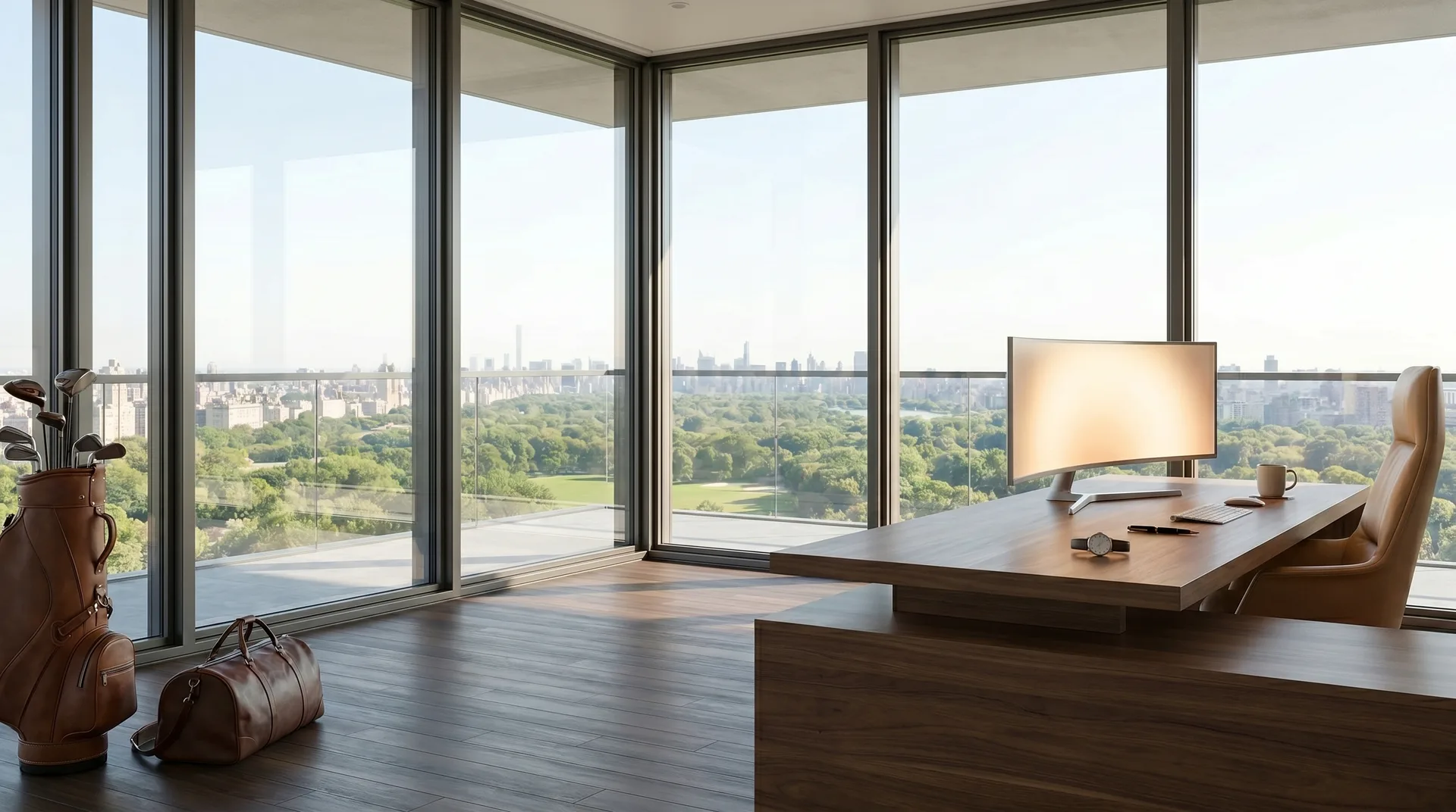 The all-glass corner office with a soft caramel leather chair at the far right of the desk facing the monitor.