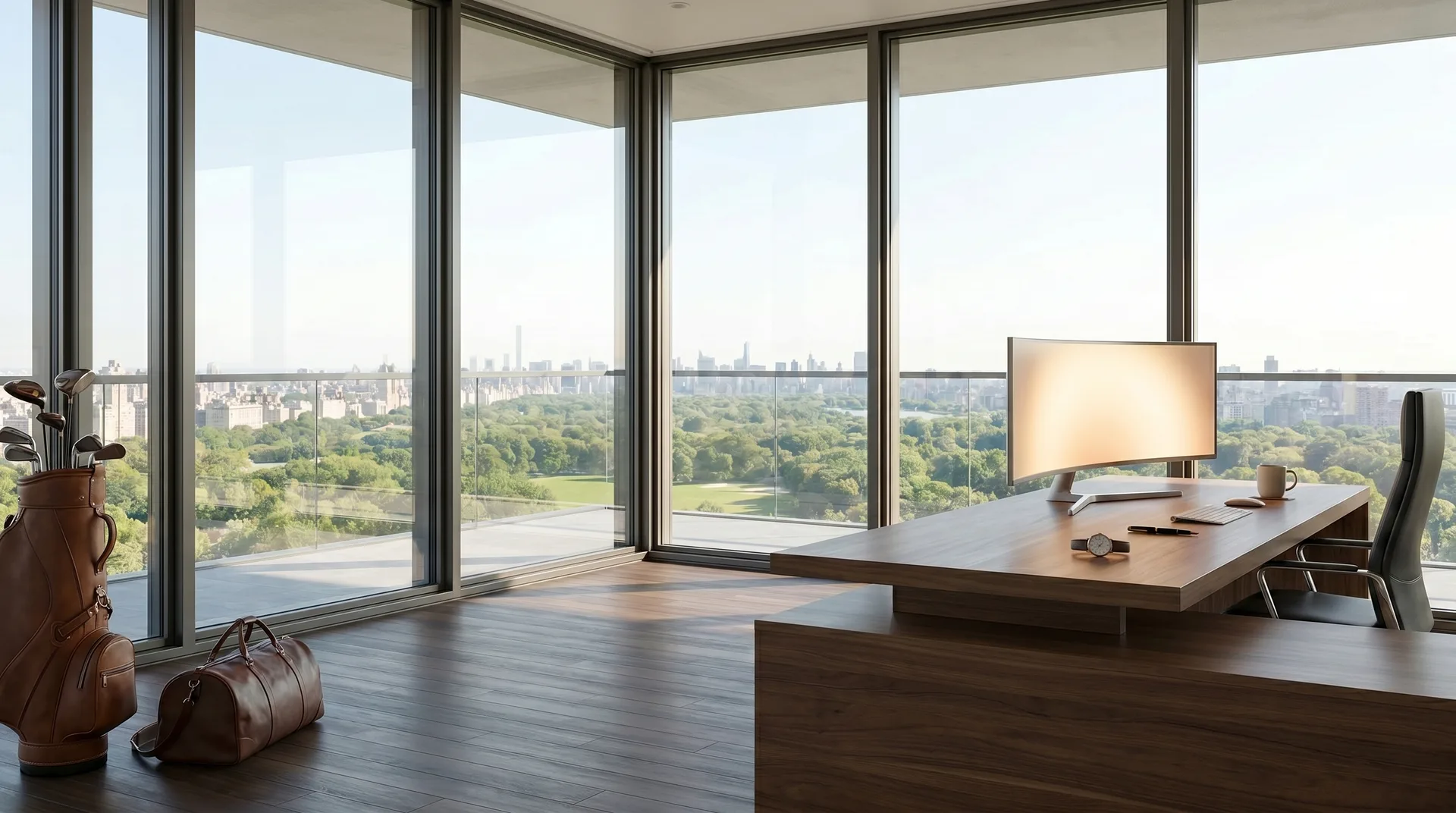 The all-glass corner office with a charcoal chair at the far right of the desk facing the monitor.