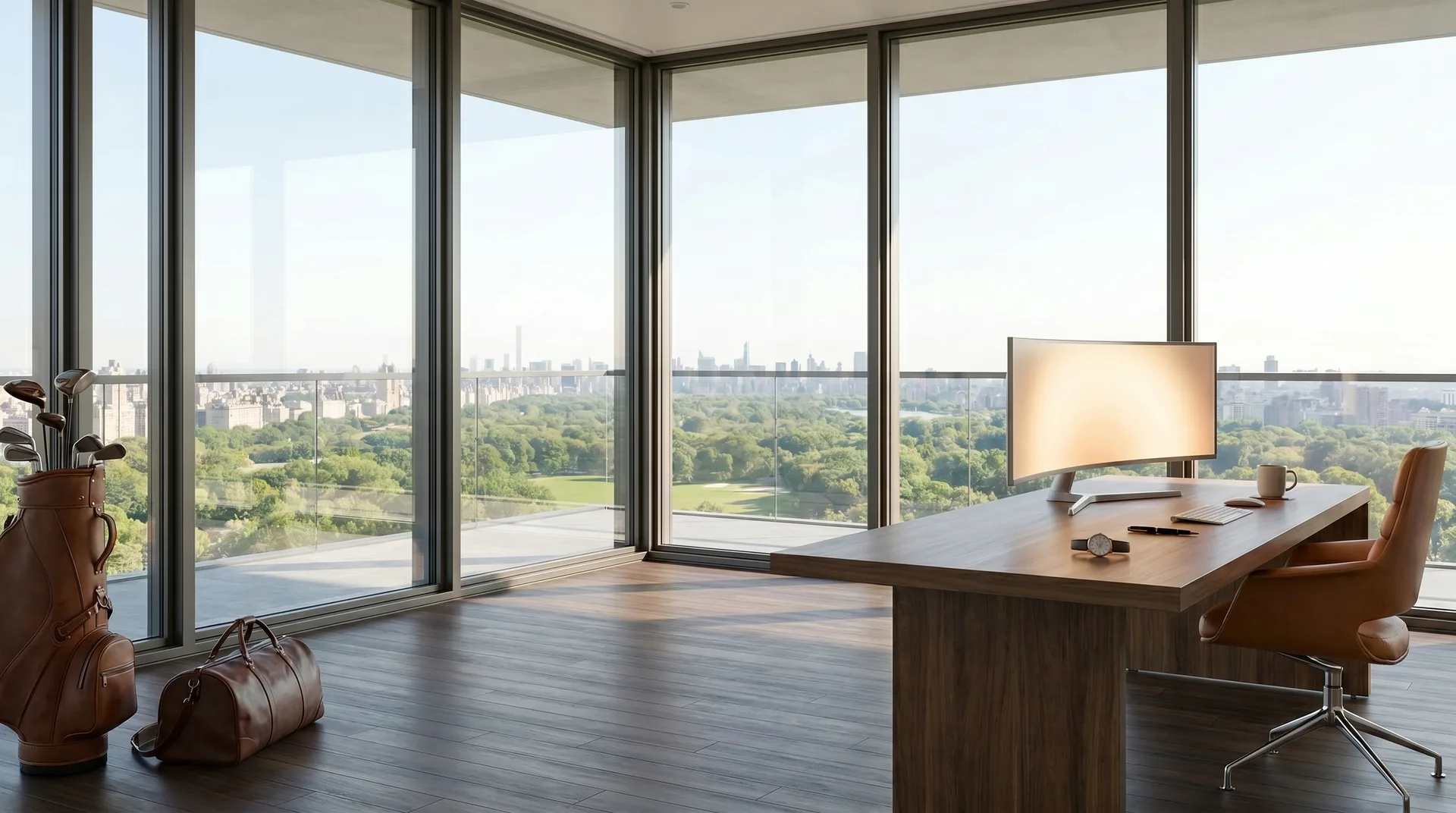 The all-glass corner office with a cognac leather executive chair at the far right of the desk facing the monitor.