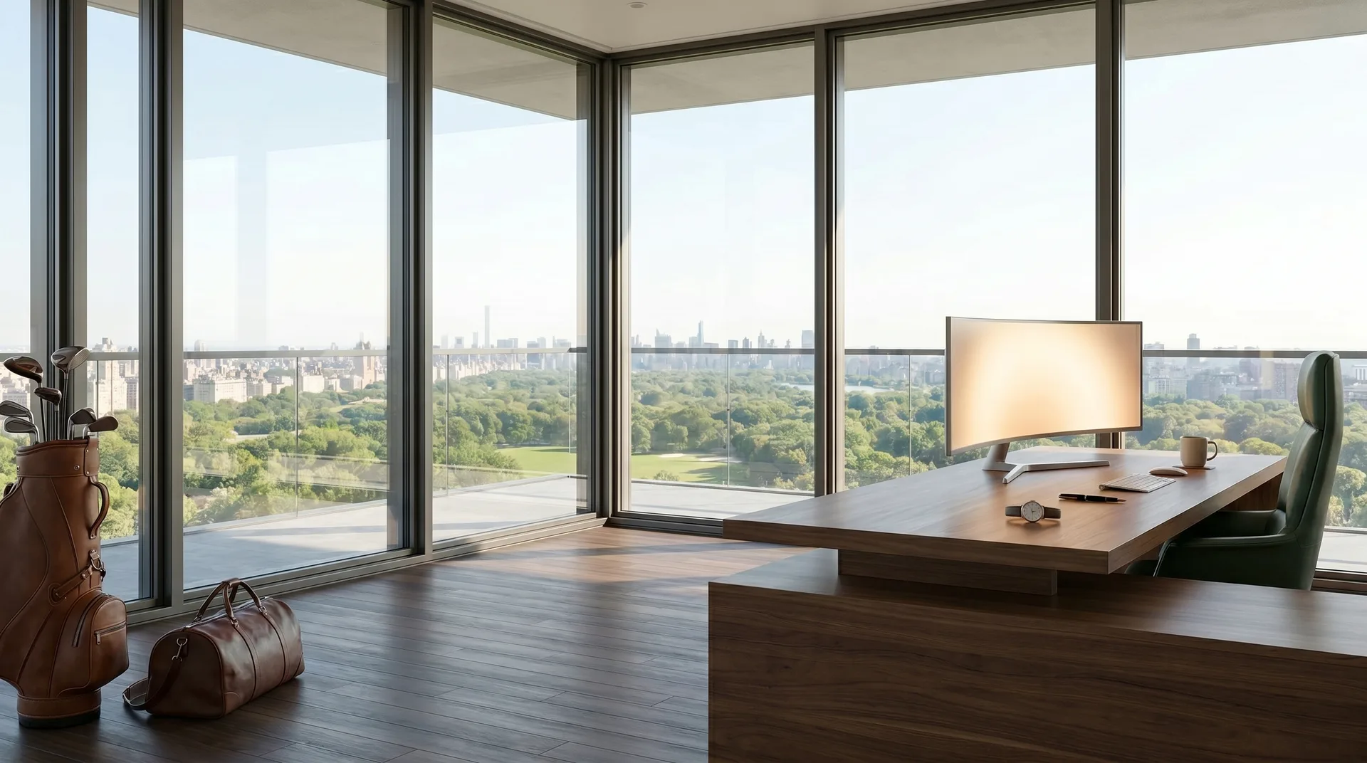The all-glass corner office with a forest-green leather chair at the far right of the desk facing the monitor.