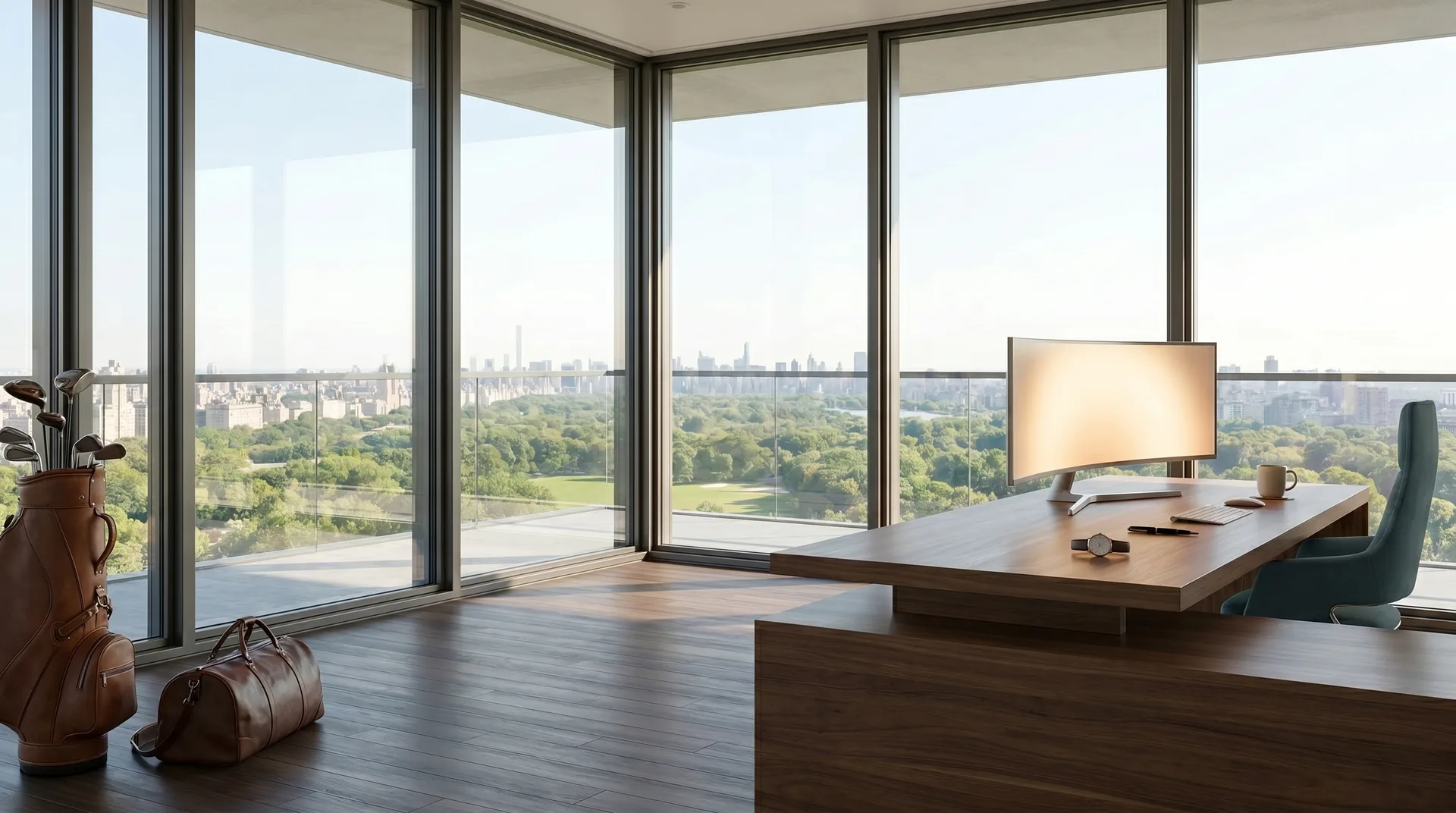The all-glass corner office with a deep teal chair at the far right and a slightly different walnut desk, facing the monitor.