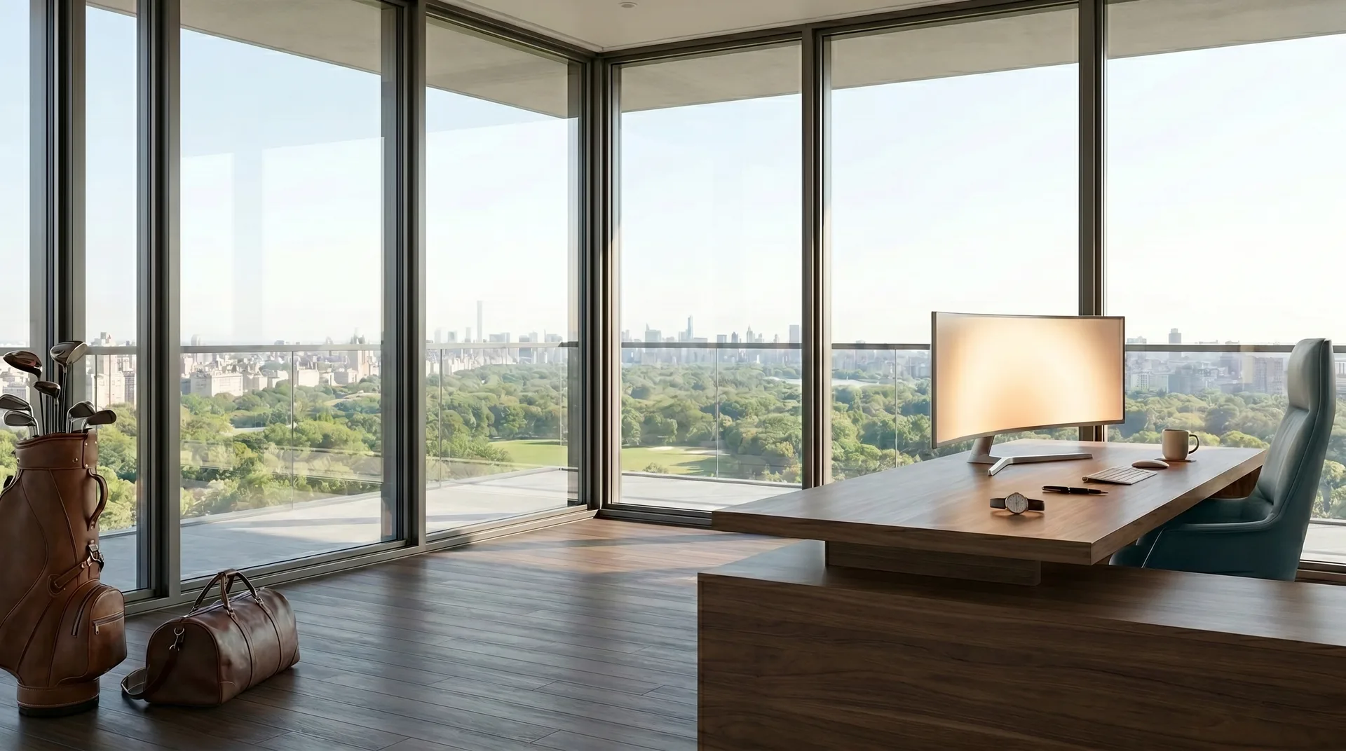 The all-glass corner office with the soft lounge-shaped chair recoloured deep teal, at the far right of the desk facing the monitor.