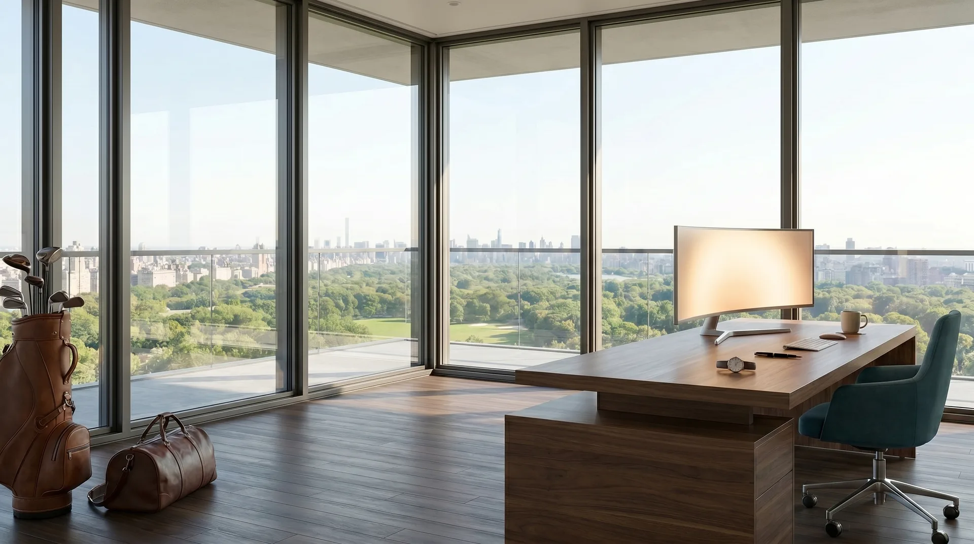 The all-glass corner office with a deep teal upholstered chair at the far right of the desk facing the monitor.