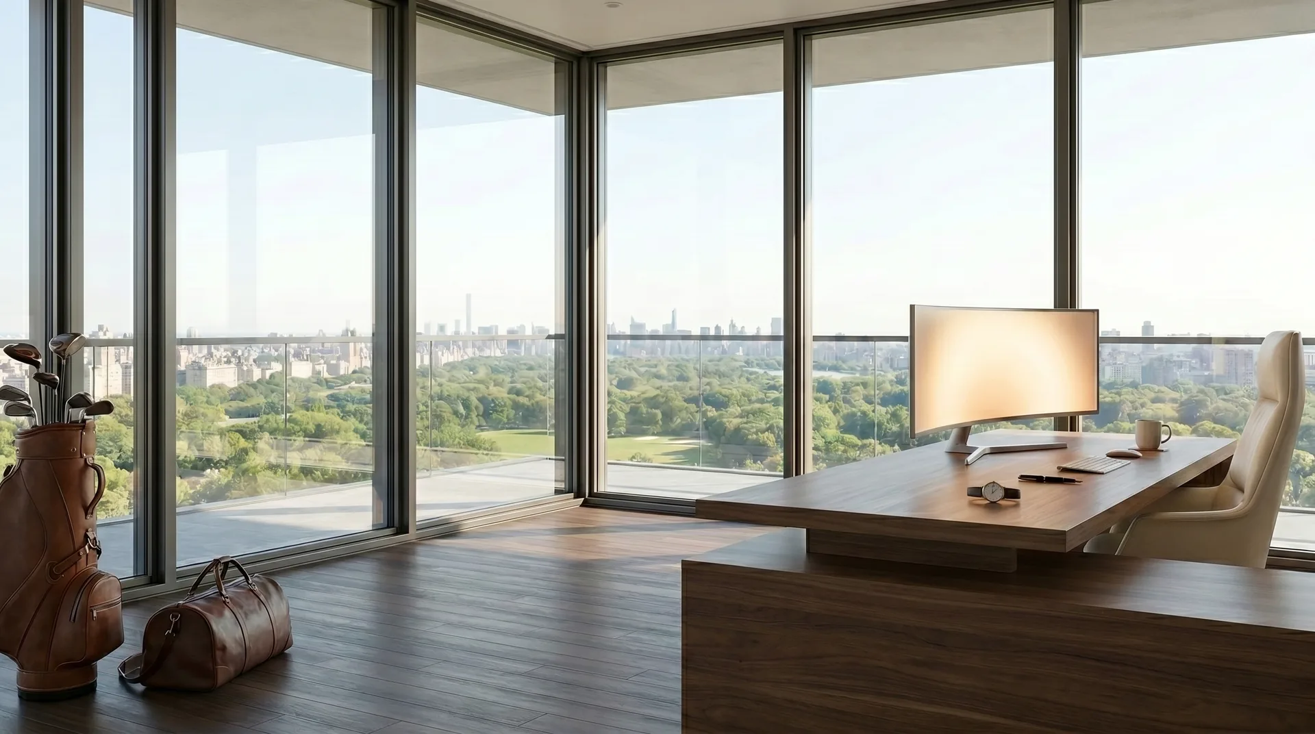 The all-glass corner office with the soft lounge-shaped chair recoloured cream white, at the far right of the desk facing the monitor.