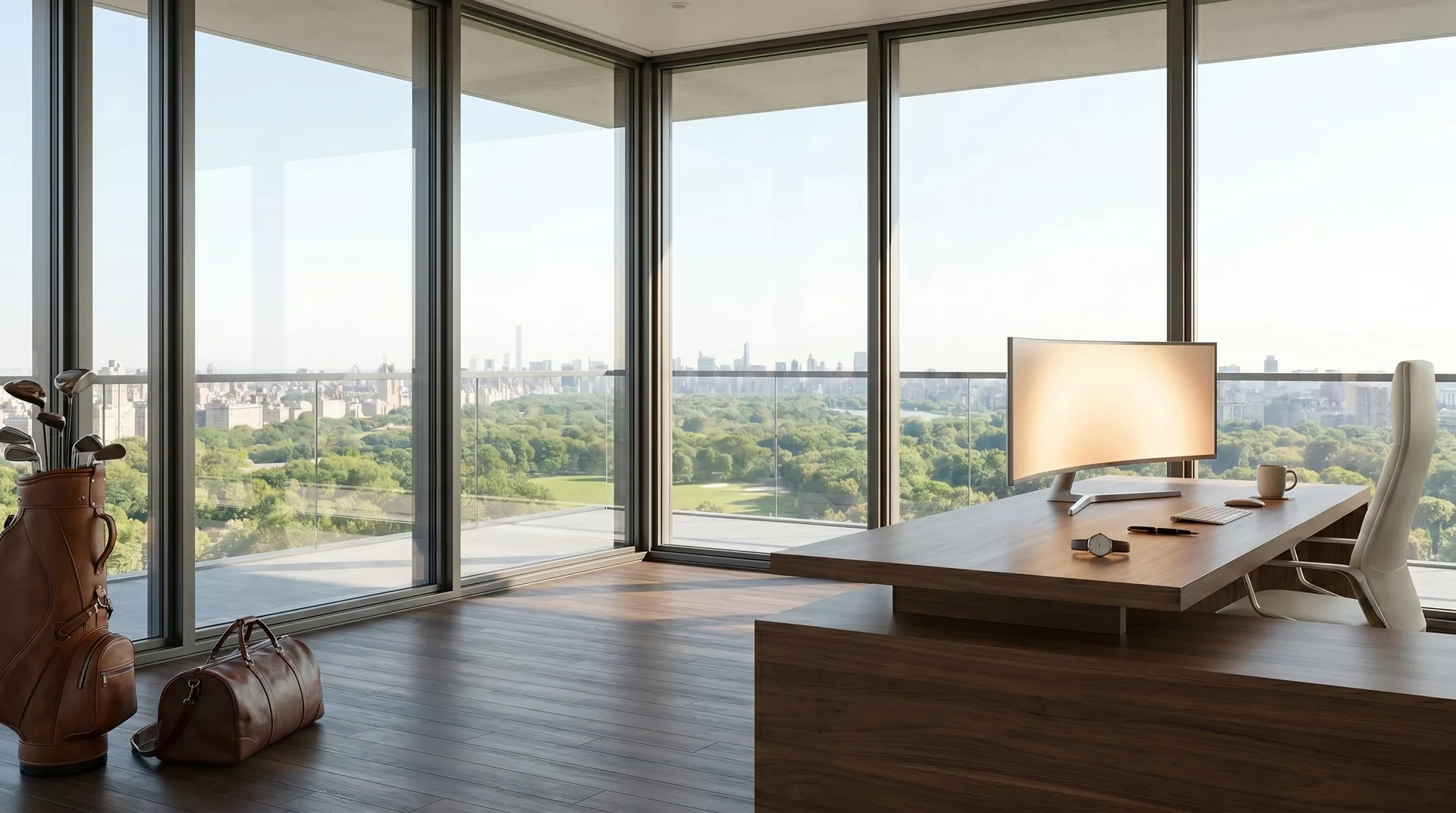 The all-glass corner office with a white upholstered chair at the far right of the desk facing the monitor.