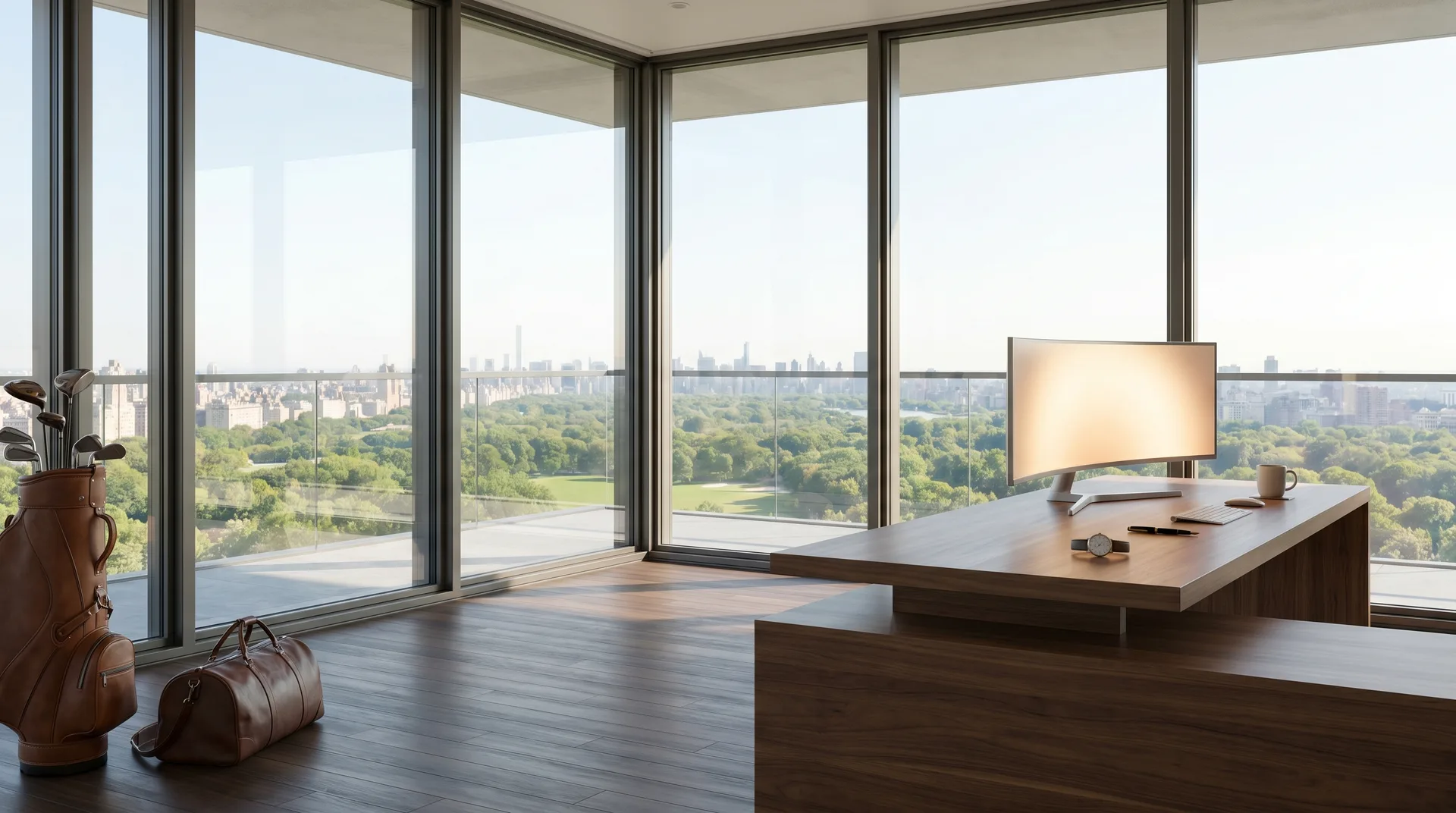 An all-glass corner office with a wide open sky, a modern walnut desk and curved monitor on the right, golf bag and holdall in the foreground.