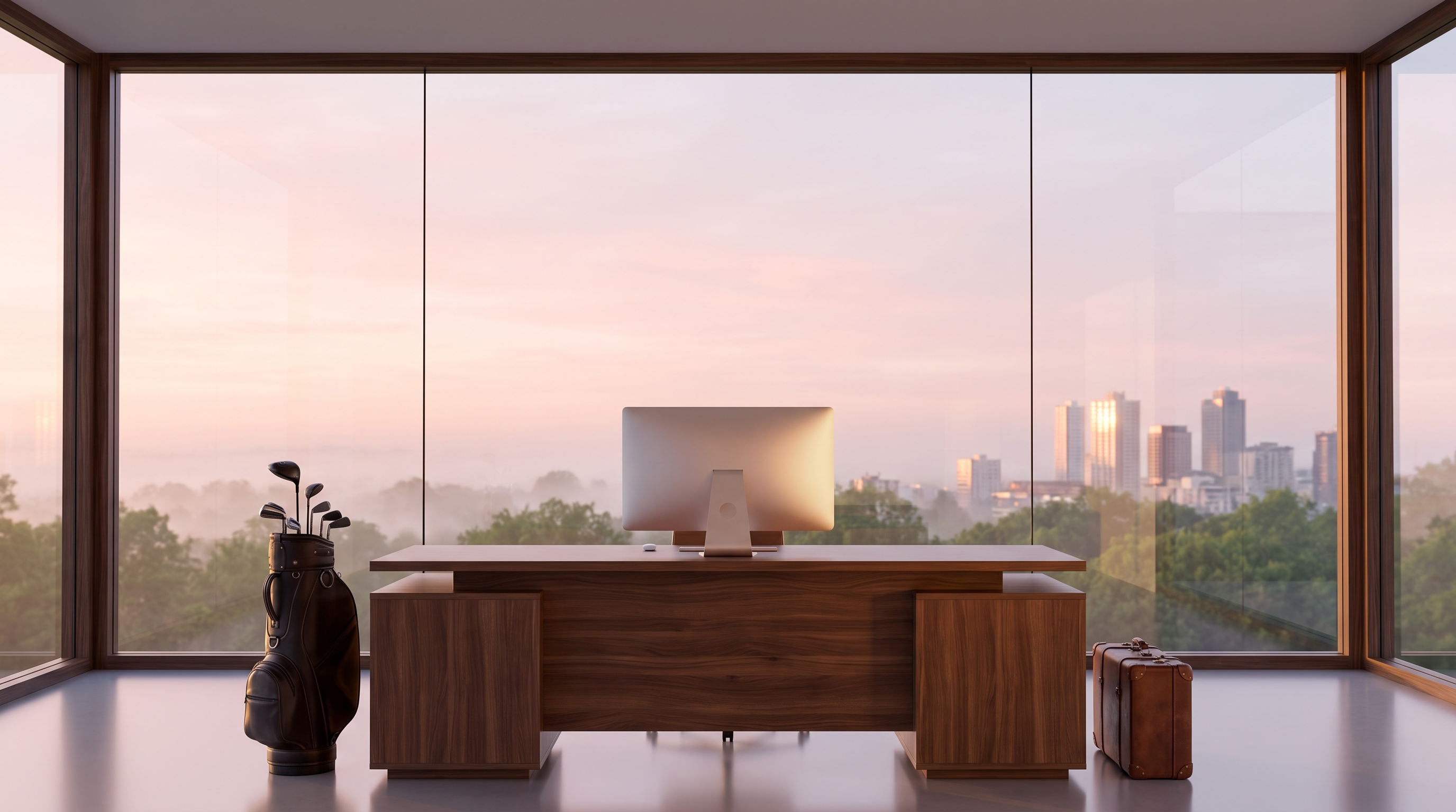 A modern walnut desk centred against a single flat floor-to-ceiling glass wall at first light, soft pink dawn sky and mist over green treetops, a distant city skyline, golf bag and leather suitcase balanced in the foreground.