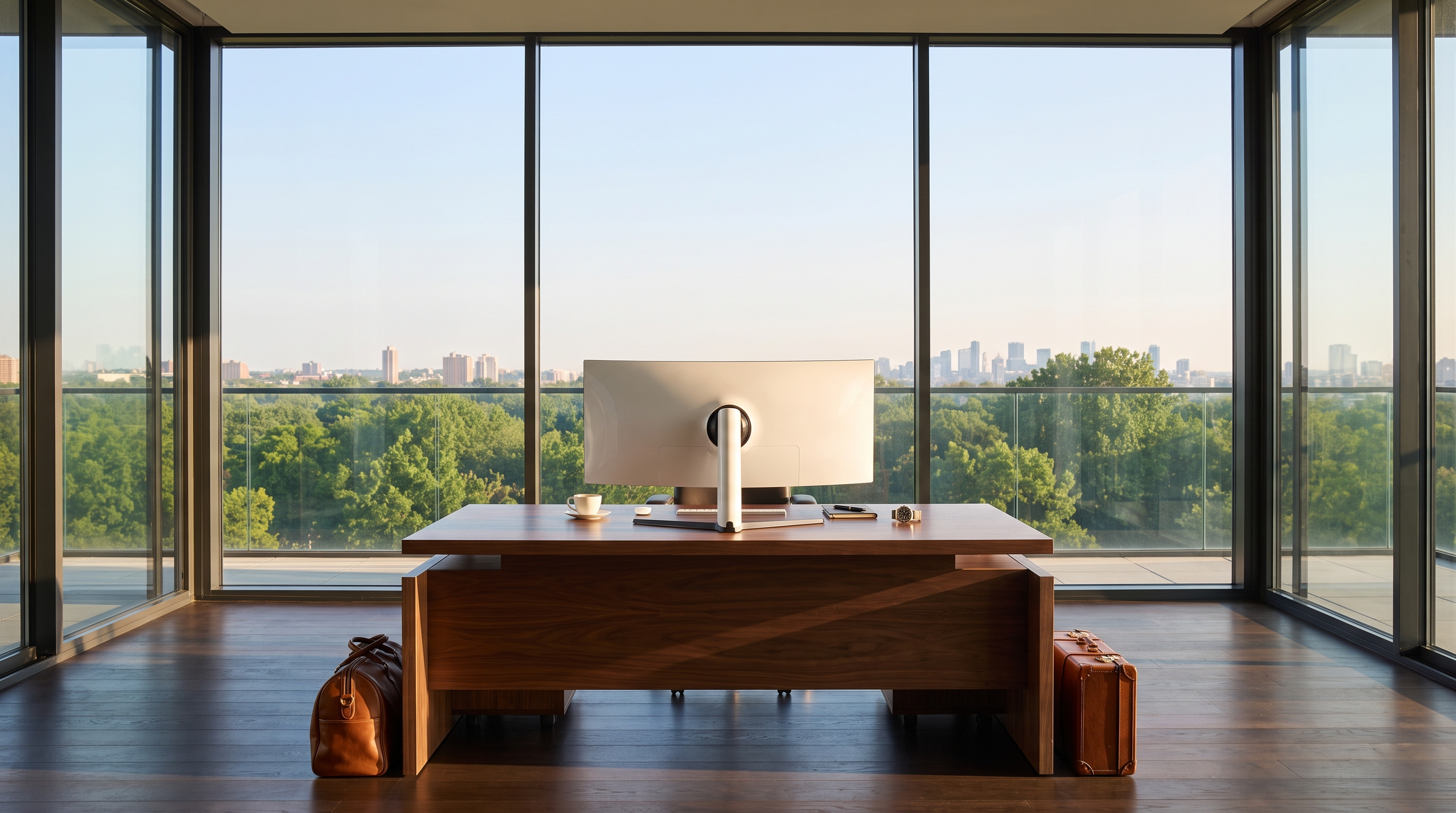 A modern walnut desk centred against a single flat floor-to-ceiling glass wall under a clear blue midday sky, green treetops and a distant city skyline, golf bag and leather suitcase balanced in the foreground.