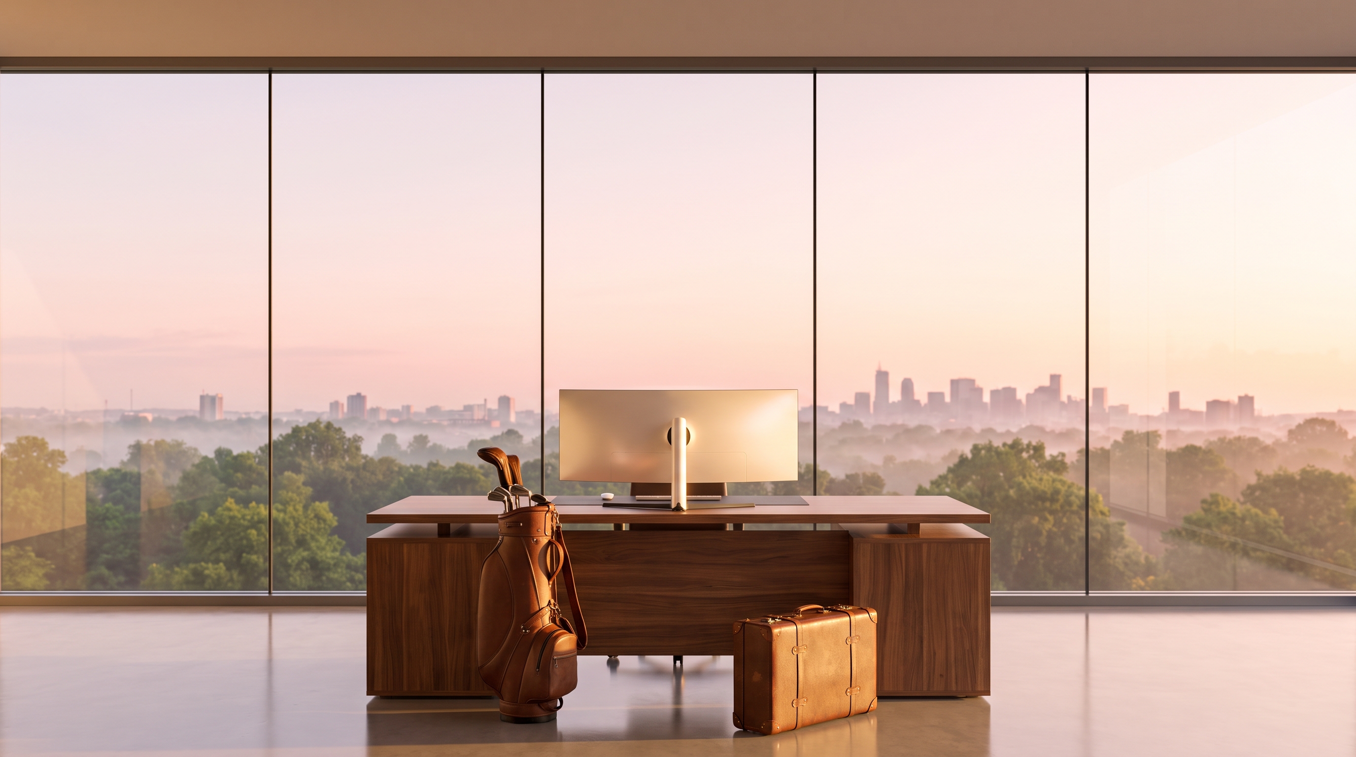 A modern walnut desk centred against a single flat floor-to-ceiling glass wall in warm dawn light, soft misty treetops and a distant skyline, golf bag and leather suitcase in the foreground.