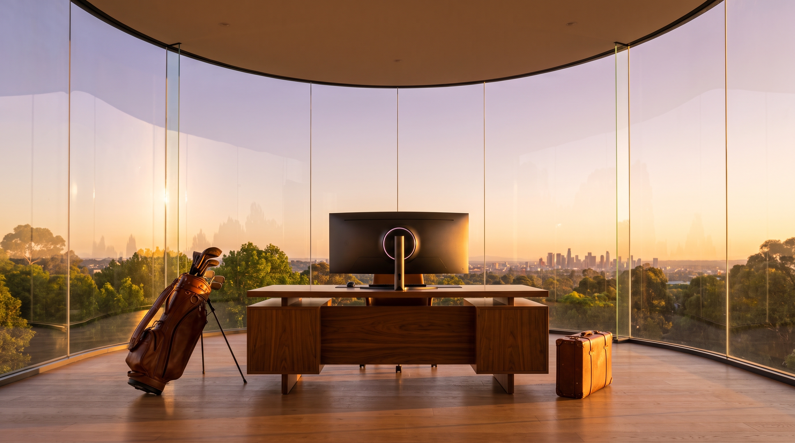 A modern walnut desk centred inside a seamless curved floor-to-ceiling glass drum at dawn, a black curved monitor on the desk, warm first-light sky over green treetops and a distant skyline, golf bag and leather suitcase in the foreground.