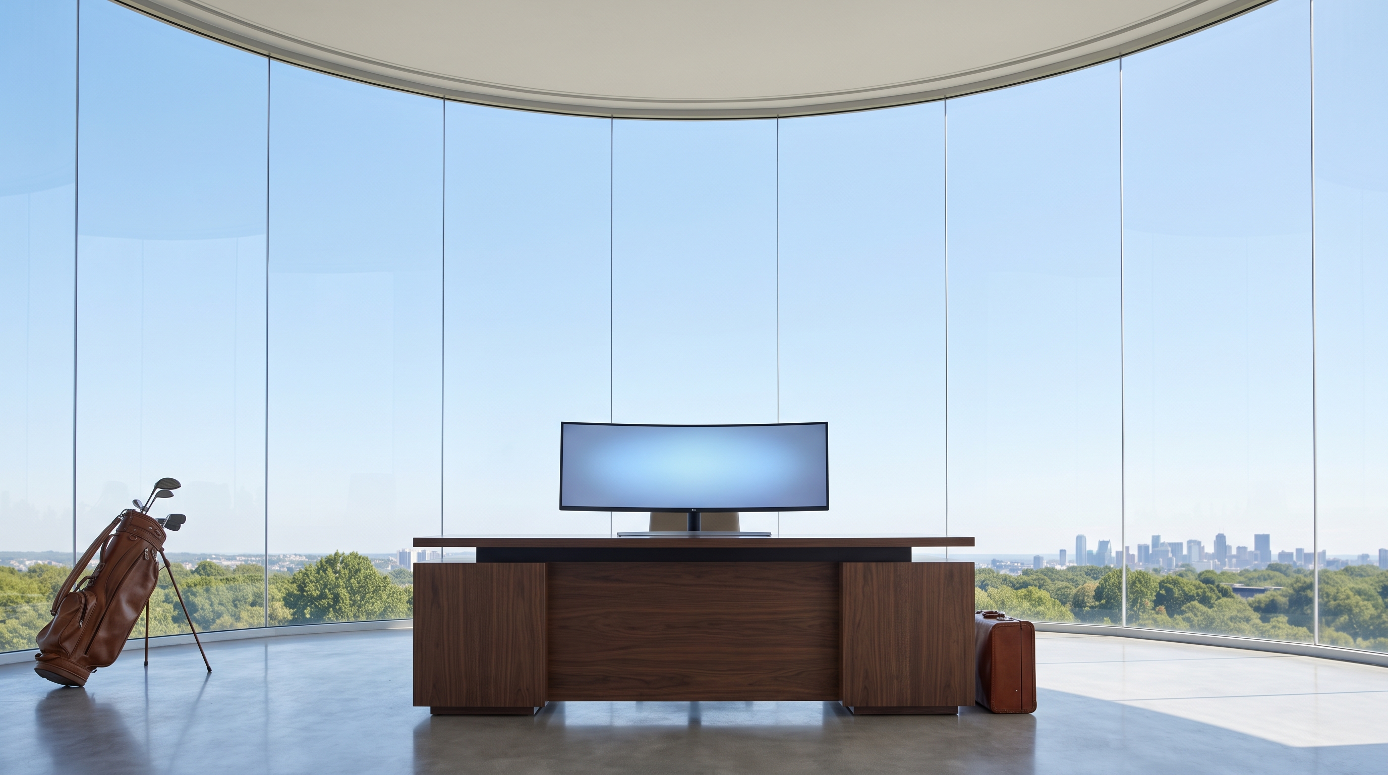 A modern walnut desk centred inside a seamless curved floor-to-ceiling glass drum under a clear blue sky, green treetops and a distant city skyline through the curved glass, golf bag and leather suitcase in the foreground.